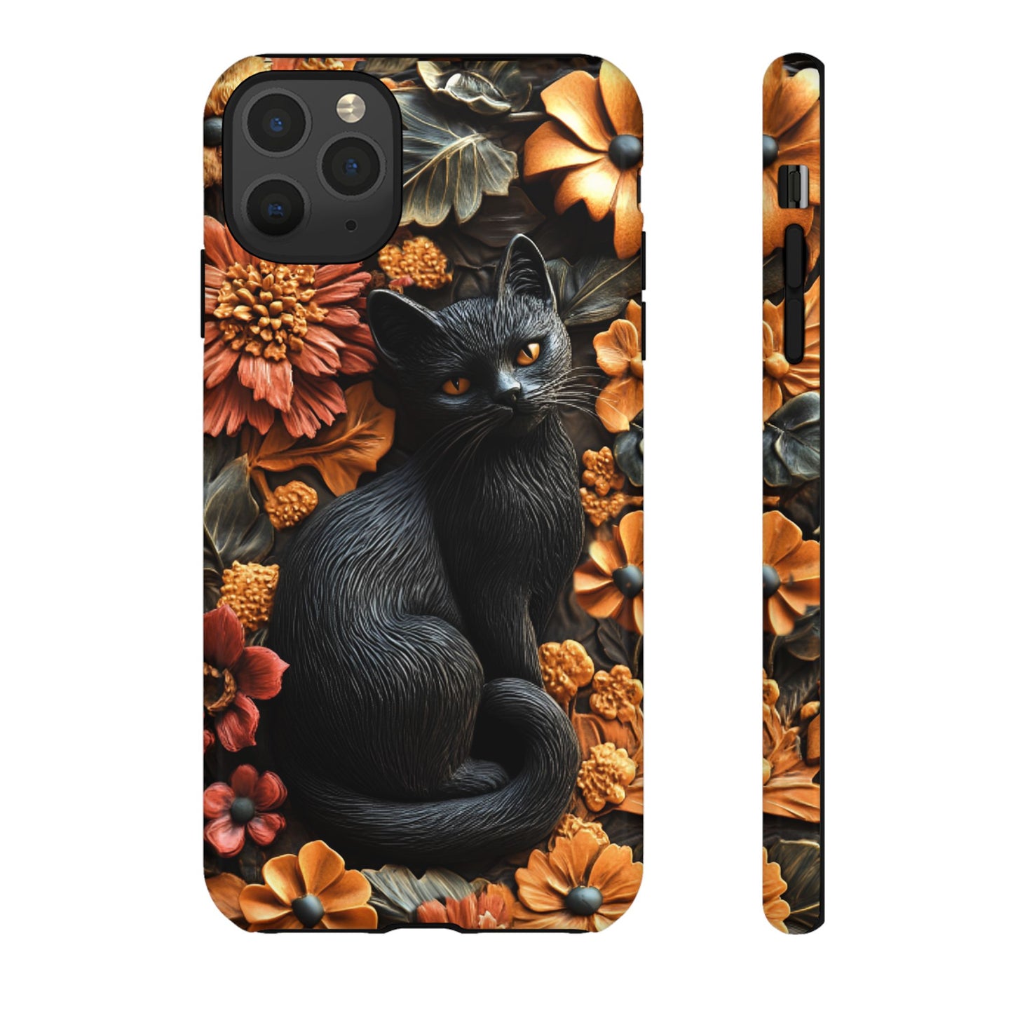 Black Cat Floral Fall Phone Case - Carved Clay Effect Cat Lover Phone Cases for iPhone 16 15 14 13 12 11, Samsung Galaxy & Google Pixel