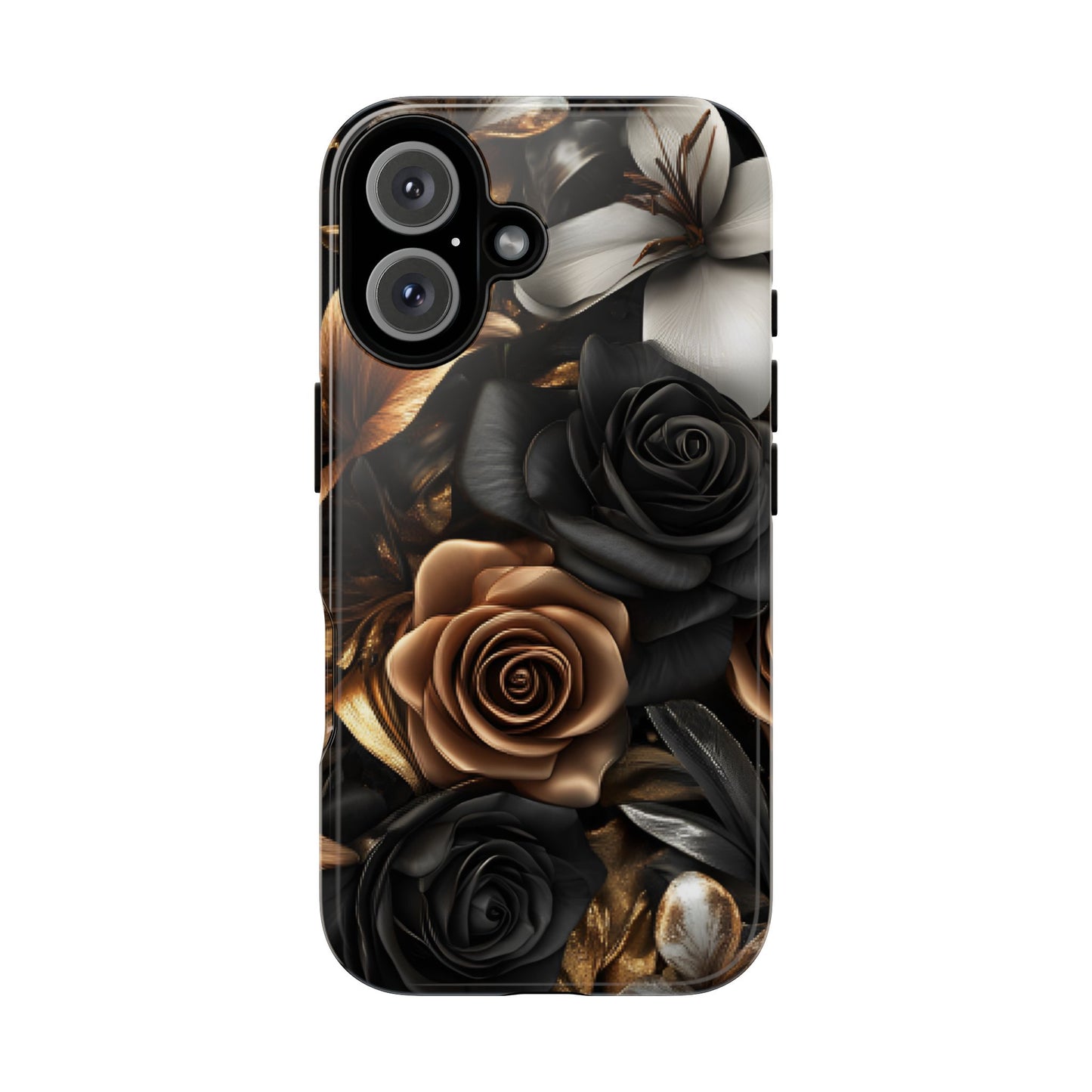 Floral Phone Case - Black and Gold Roses - iPhone 16 15 14 13 12 11, Samsung Galaxy & Google Pixel Phone Covers