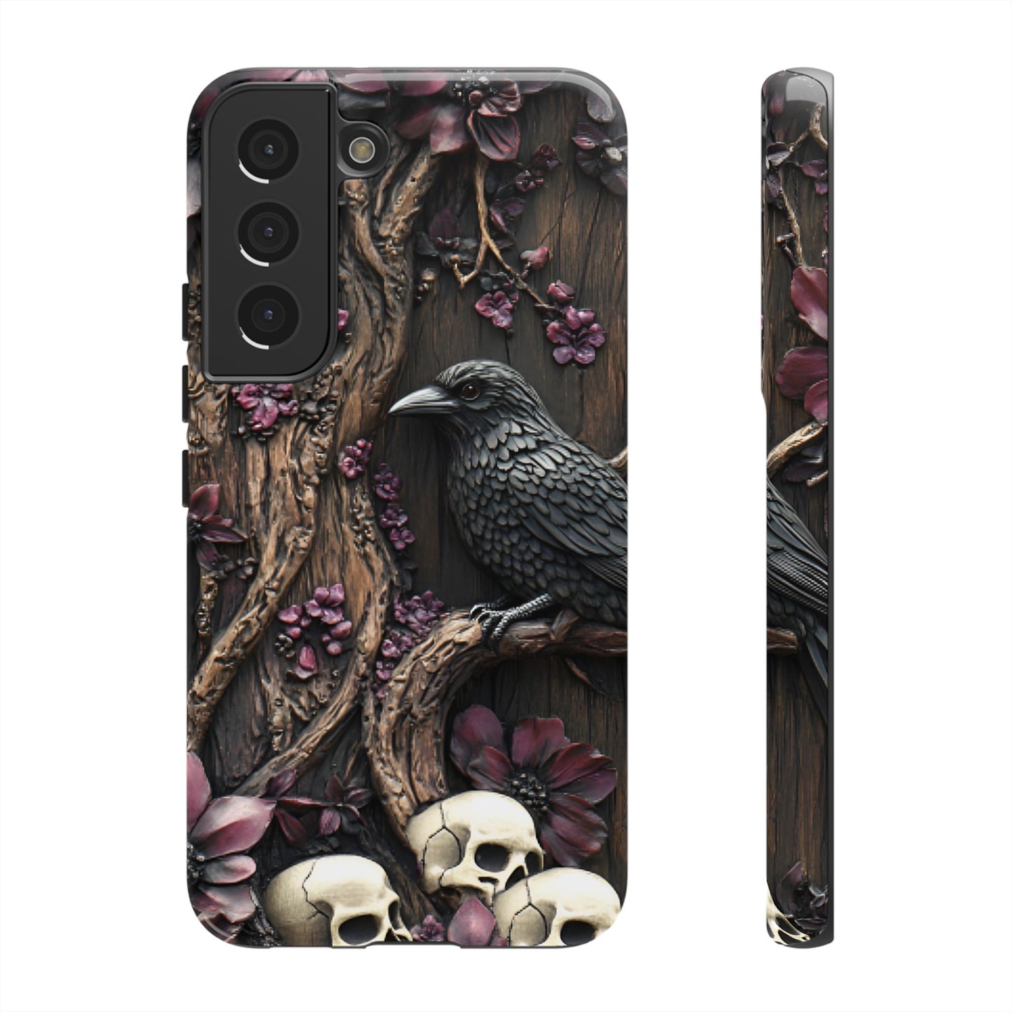 Raven and Skulls Phone Case - Gothic Faux Wood Phone Cases - iPhone 16 15 14 13 12 11, Samsung Galaxy & Google Pixel Phone Covers