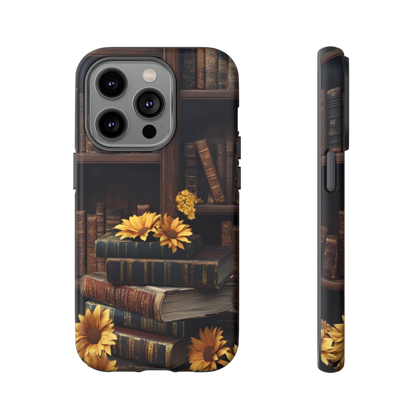 Vintage Books and Sunflowers Phone Case - Dark Academia Library Phone Cases for iPhone 16 15 14 13 12 11, Samsung Galaxy & Google Pixel