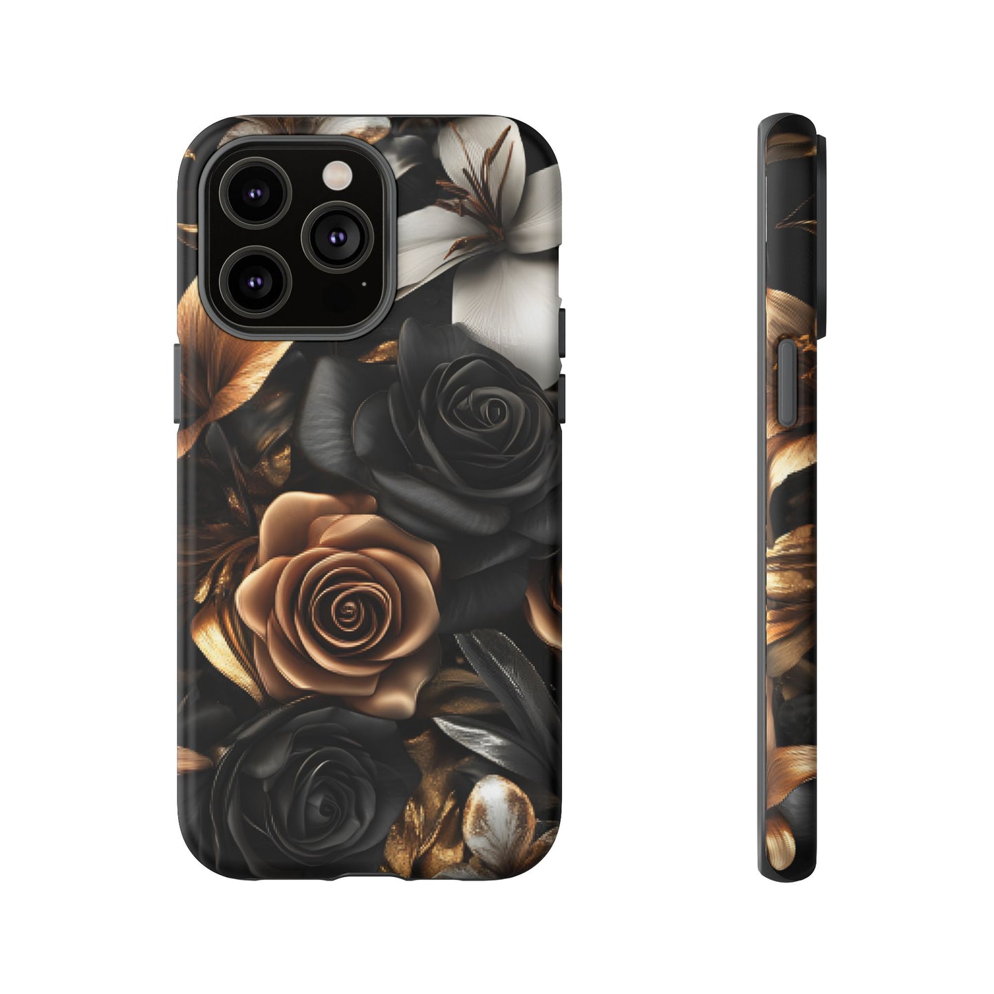 Floral Phone Case - Black and Gold Roses - iPhone 16 15 14 13 12 11, Samsung Galaxy & Google Pixel Phone Covers