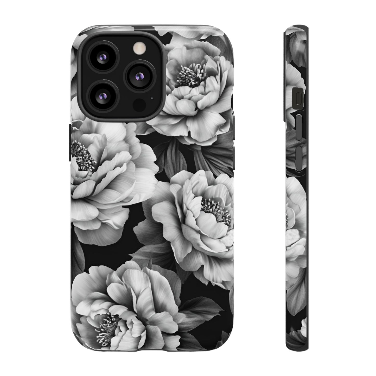 Black and White Peony Flower Phone Case - Aesthetic Dark Floral Phone Cases - iPhone 16 15 14 13 12 11, Samsung Galaxy & Google Pixel Phone Covers