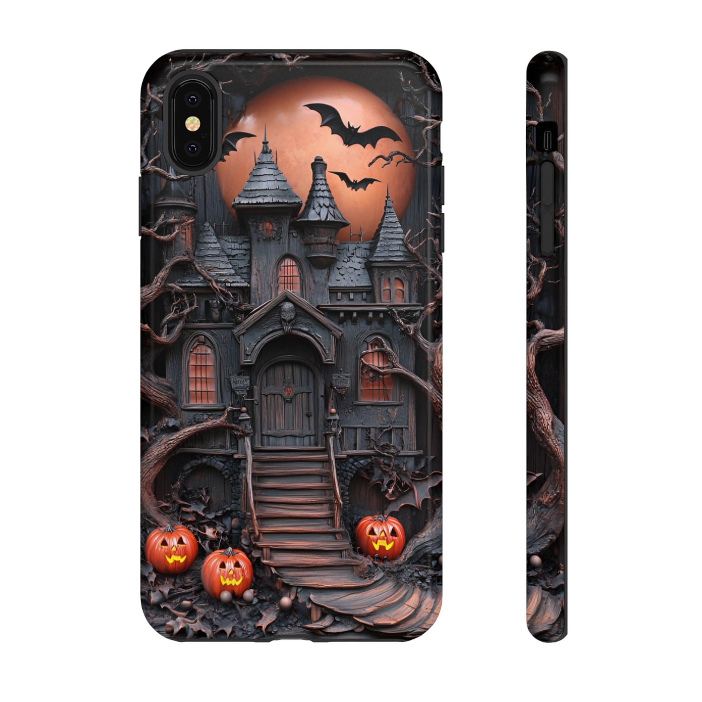 Carved Wood Haunted House Phone Case - Faux Wood Spooky Halloween Phone Cases - iPhone 16 15 14 13 12 11, Samsung Galaxy & Google Pixel Phone Covers