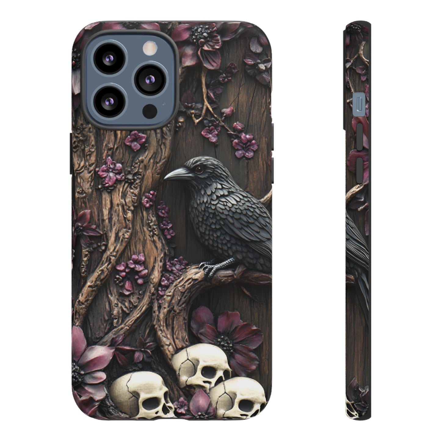 Raven and Skulls Phone Case - Gothic Faux Wood Phone Cases - iPhone 16 15 14 13 12 11, Samsung Galaxy & Google Pixel Phone Covers