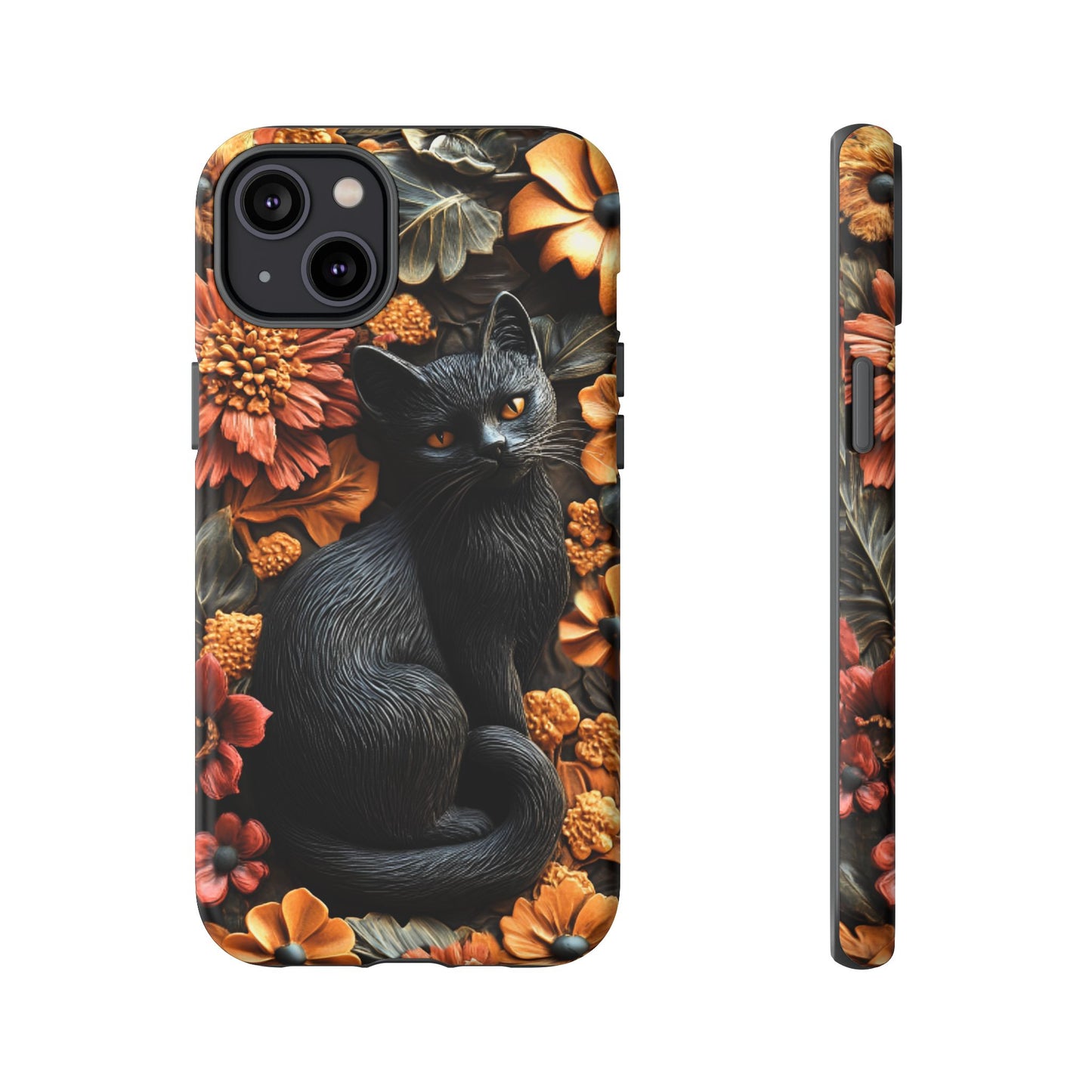 Black Cat Floral Fall Phone Case - Carved Clay Effect Cat Lover Phone Cases for iPhone 16 15 14 13 12 11, Samsung Galaxy & Google Pixel