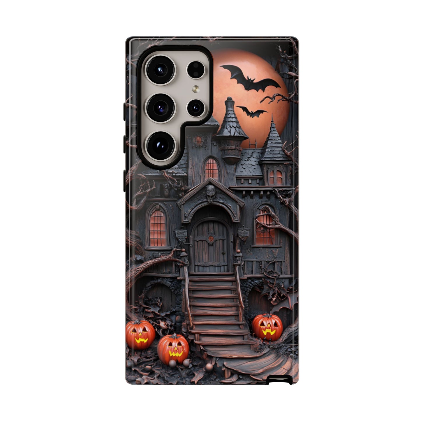 Carved Wood Haunted House Phone Case - Faux Wood Spooky Halloween Phone Cases for iPhone 16 15 14 13 12 11, Samsung Galaxy & Google Pixel