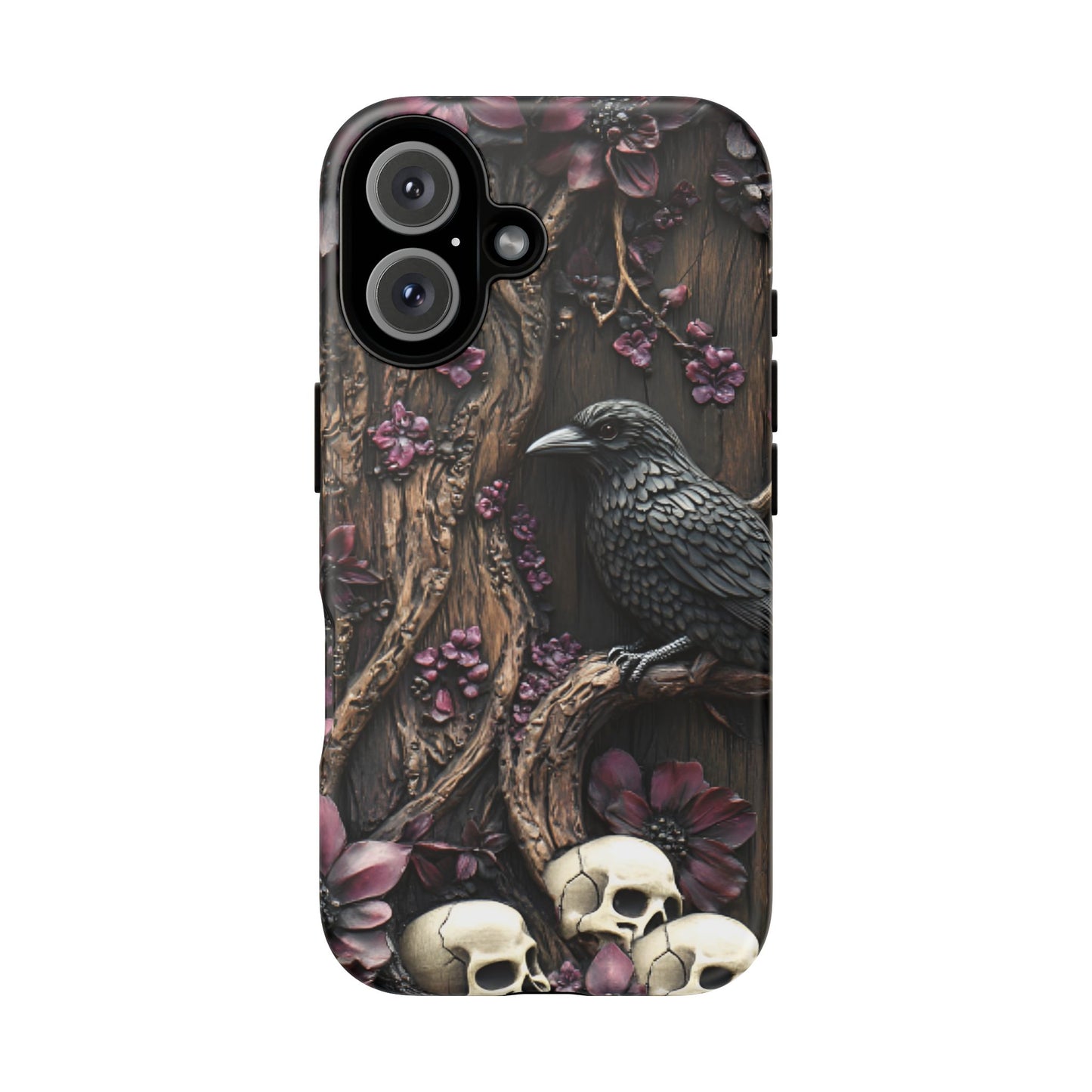 Raven and Skulls Phone Case - Gothic Faux Wood Phone Cases - iPhone 16 15 14 13 12 11, Samsung Galaxy & Google Pixel Phone Covers