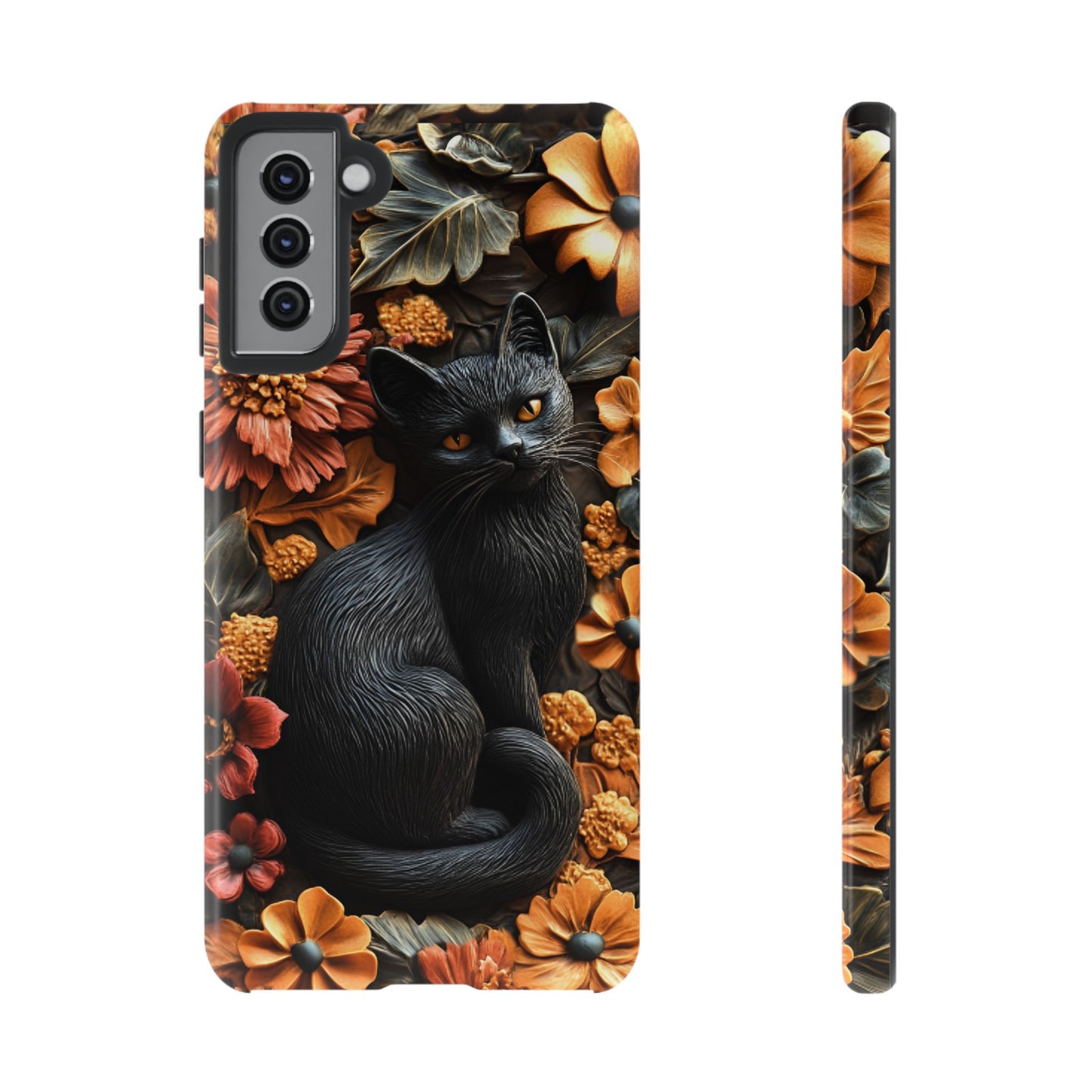 Black Cat Floral Fall Phone Case - Carved Clay Effect Cat Lover Phone Cases - iPhone 16 15 14 13 12 11, Samsung Galaxy & Google Pixel Phone Covers