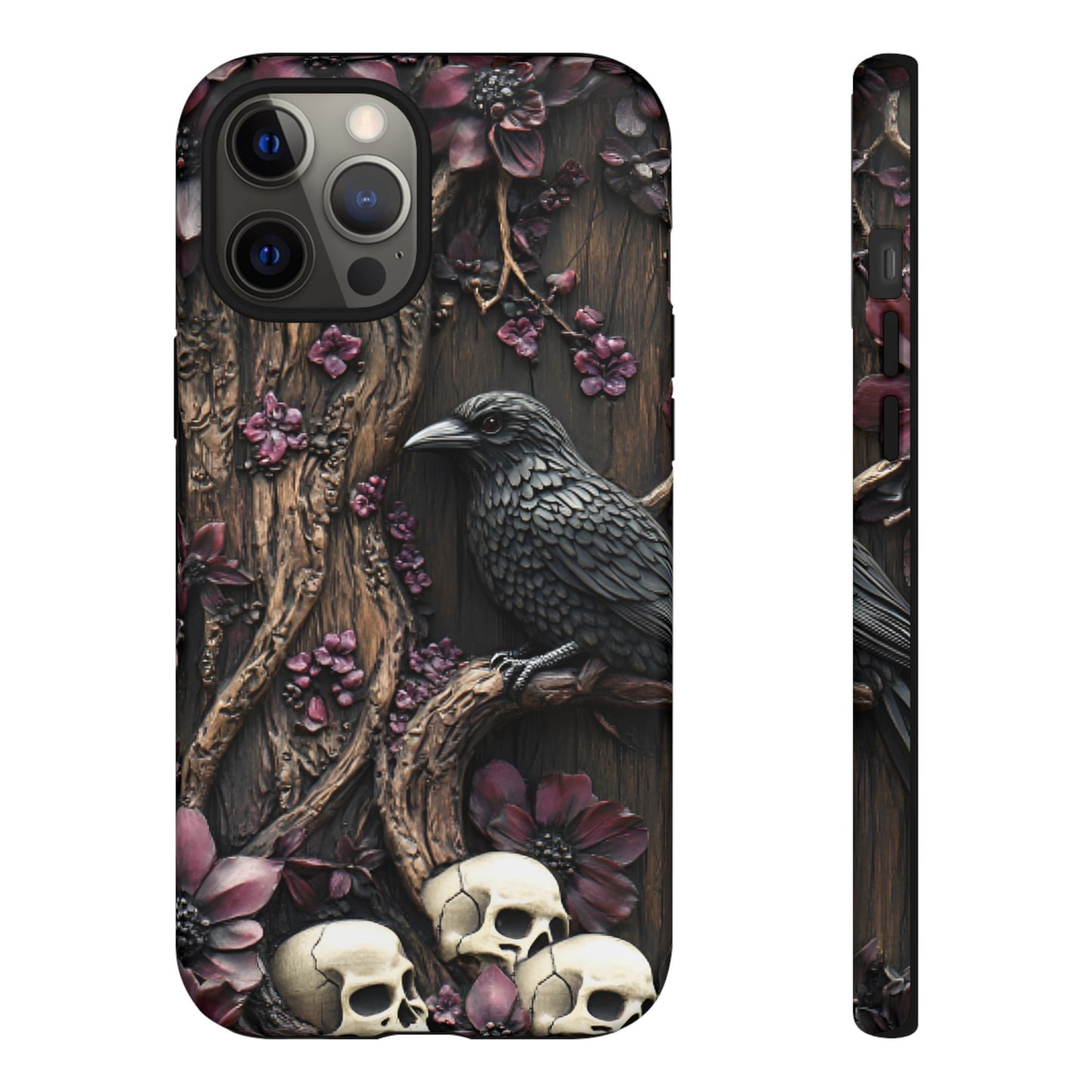 Raven and Skulls Phone Case - Gothic Faux Wood Phone Cases - iPhone 16 15 14 13 12 11, Samsung Galaxy & Google Pixel Phone Covers