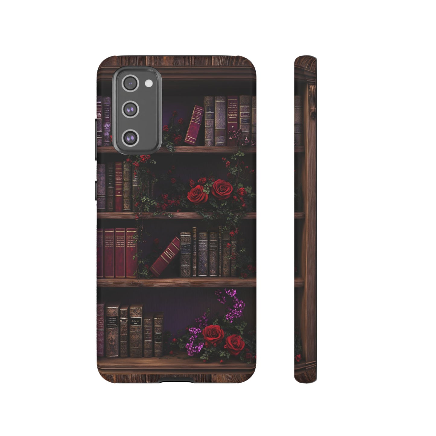 Book Lovers Phone Case - Roses and Books in Moody Vintage Bookshelf for iPhone 16 15 14 13 12 11, Samsung Galaxy & Google Pixel