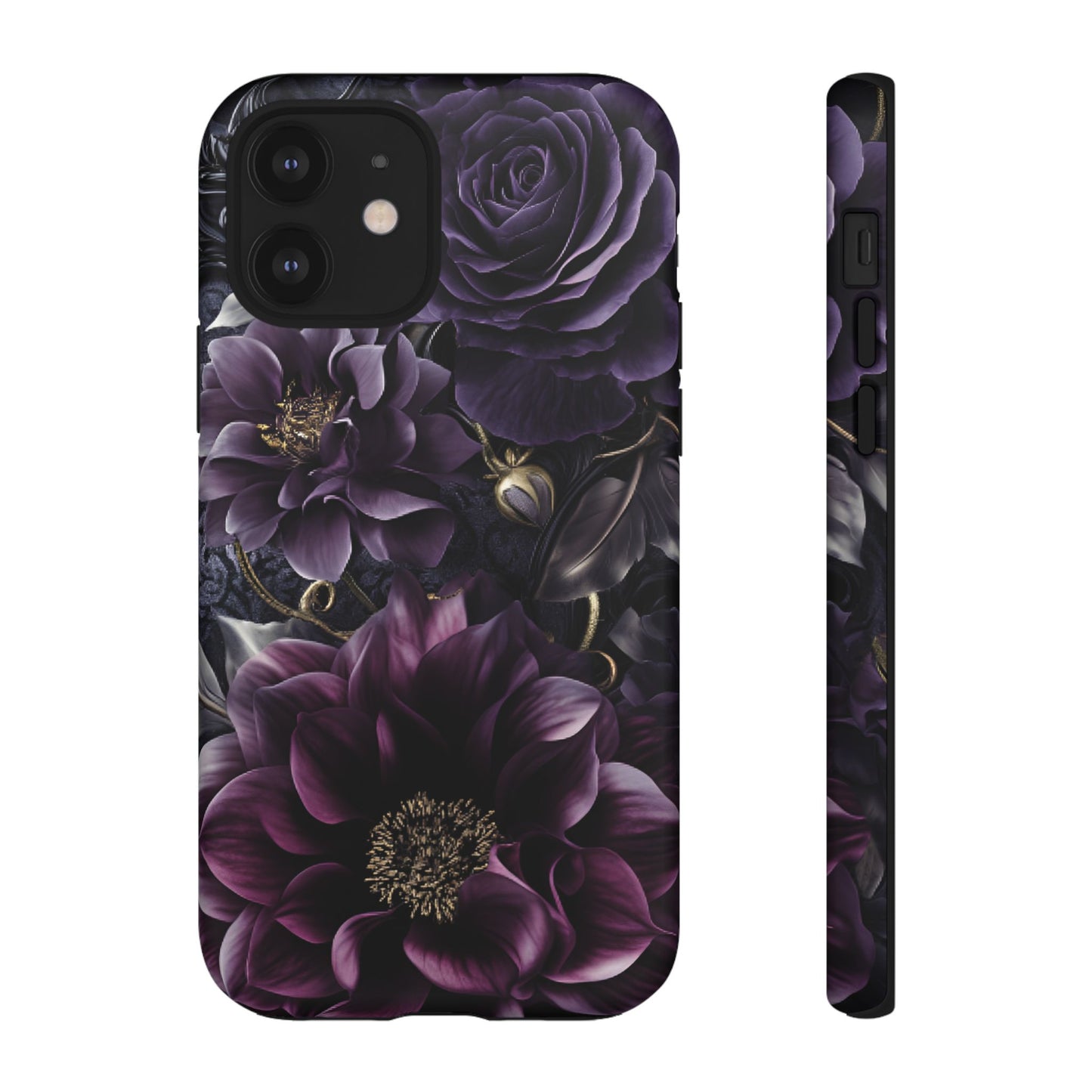 Gothic Dark Floral Phone Case - Aesthetic Purple and Gold Flowers - iPhone 16 15 14 13 12 11, Samsung Galaxy & Google Pixel Phone Covers