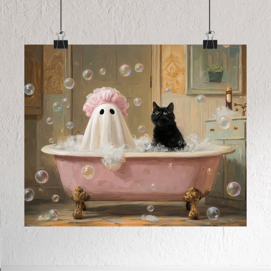 Ghost in Bathroom Painting, Vintage Ghost and Black Cat in Bathtub Wall Art Print, Cute Halloween Poster, Funny Bathroom Decor Dark Academia