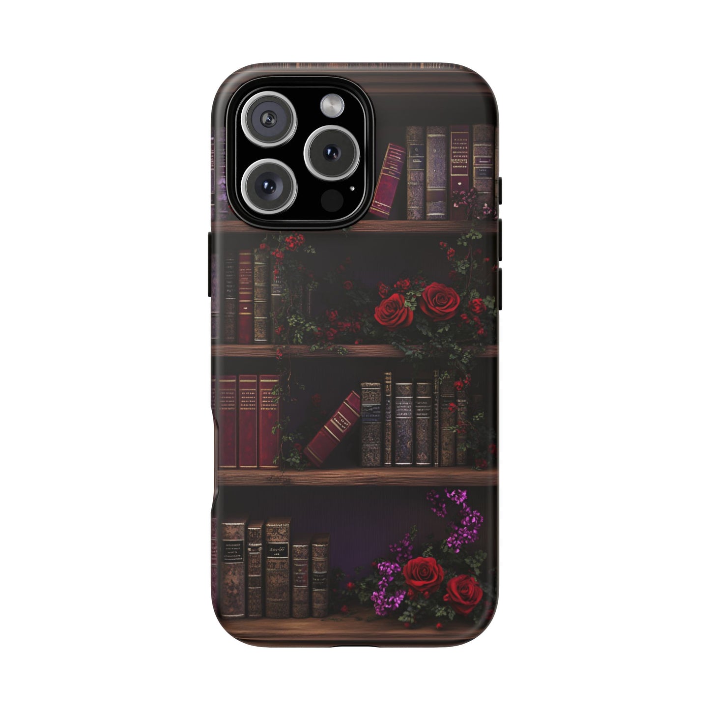 Book Lovers Phone Case - Roses and Books in Moody Vintage Bookshelf - iPhone 16 15 14 13 12 11, Samsung Galaxy & Google Pixel Phone Covers