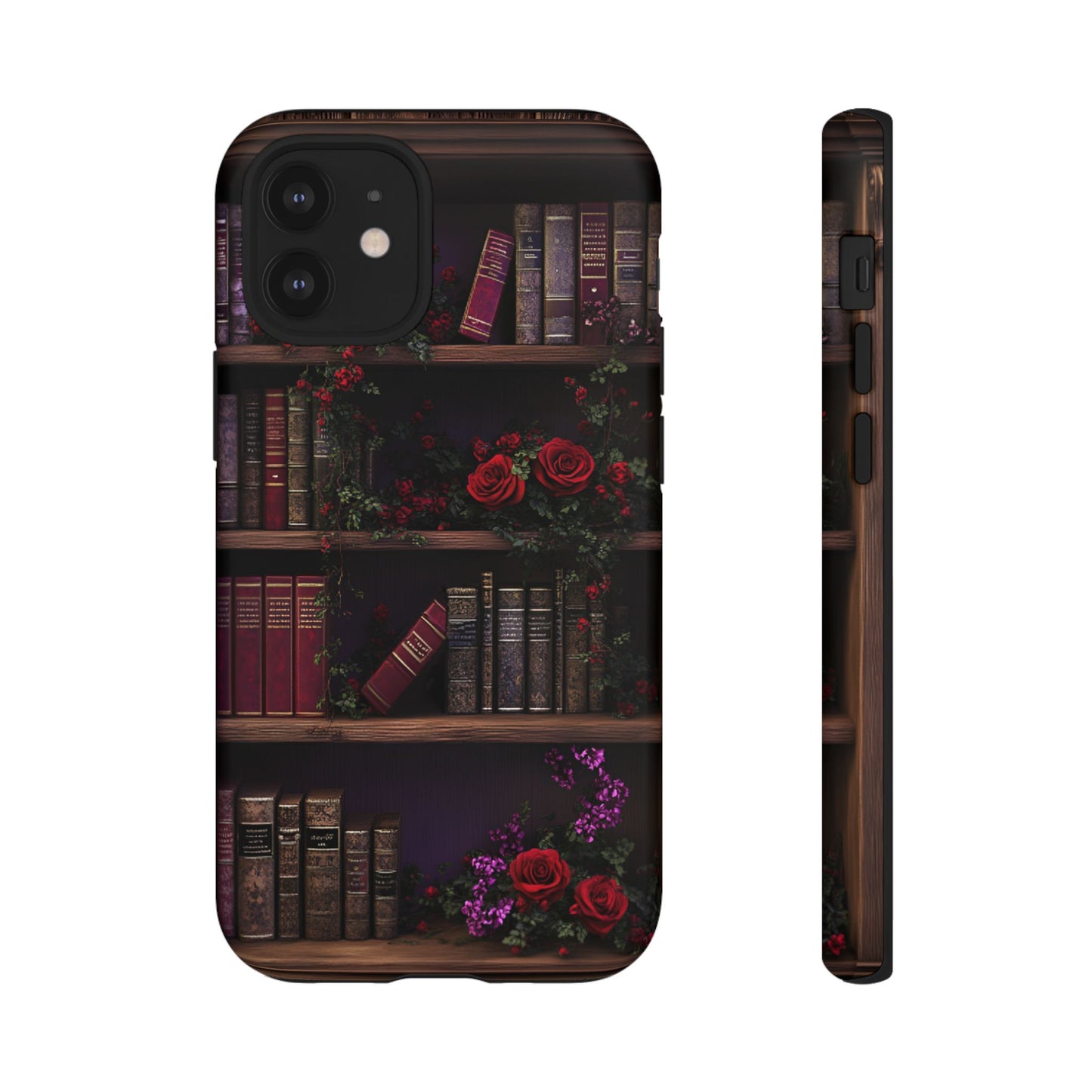 Book Lovers Phone Case - Roses and Books in Moody Vintage Bookshelf for iPhone 16 15 14 13 12 11, Samsung Galaxy & Google Pixel