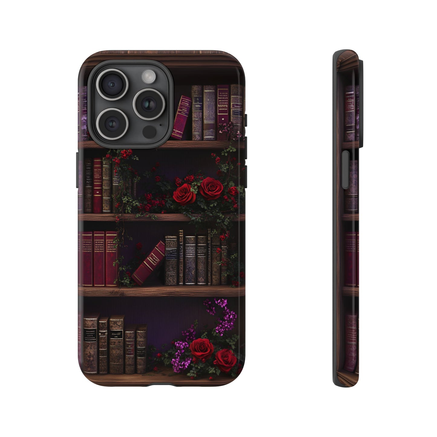 Book Lovers Phone Case - Roses and Books in Moody Vintage Bookshelf - iPhone 16 15 14 13 12 11, Samsung Galaxy & Google Pixel Phone Covers