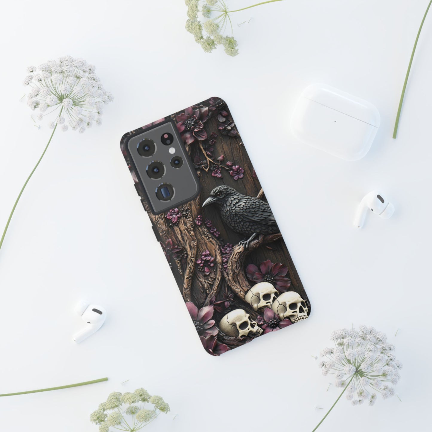 Raven and Skulls Phone Case - Gothic Faux Wood Phone Cases - iPhone 16 15 14 13 12 11, Samsung Galaxy & Google Pixel Phone Covers