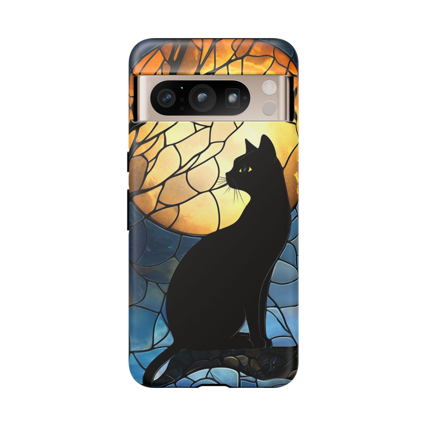 Black Cat and Moon Stained Glass Phone Case - Celestial Cat Lover Phone Cases - iPhone 16 15 14 13 12 11, Samsung Galaxy & Google Pixel Phone Covers