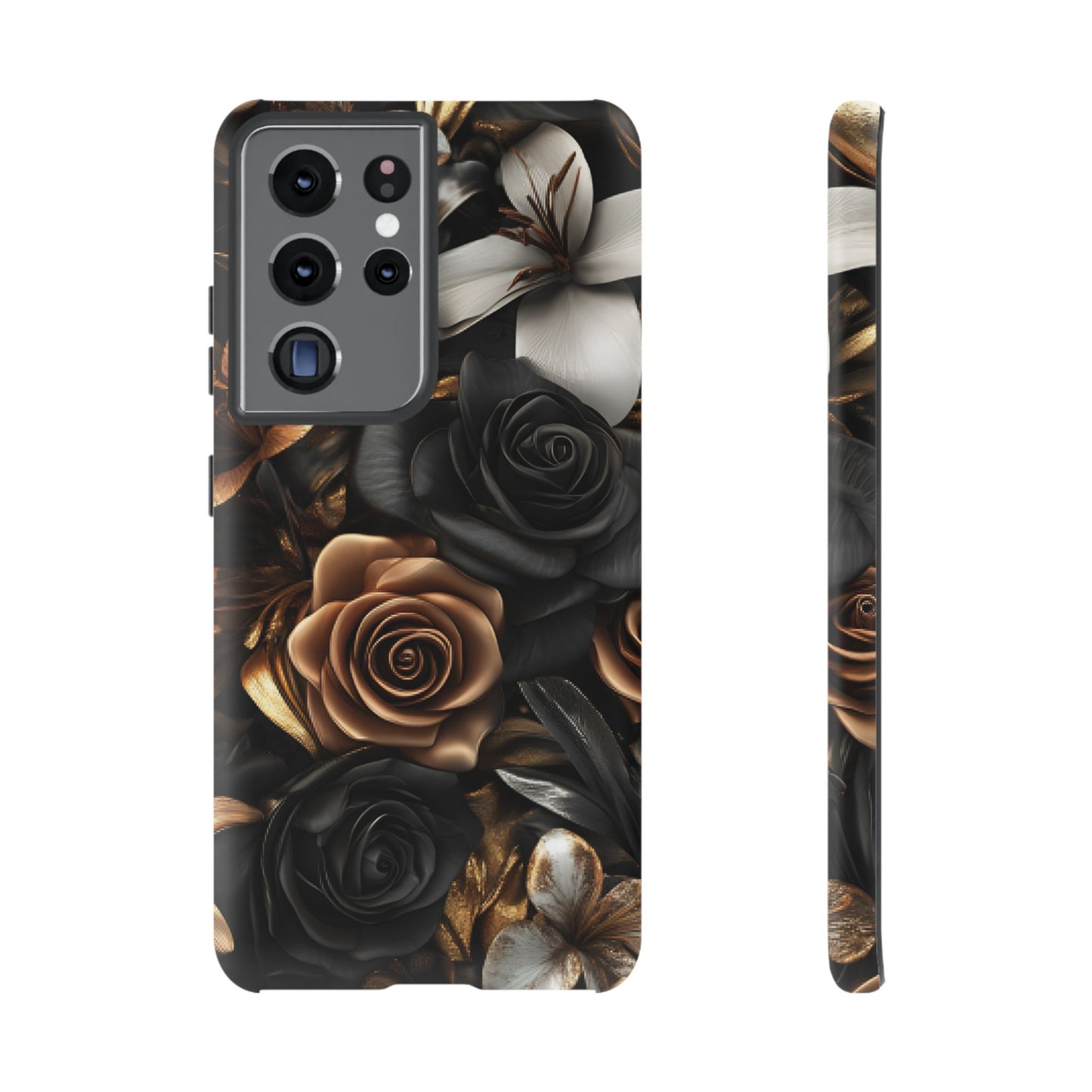 Floral Phone Case - Black and Gold Roses for iPhone 16 15 14 13 12 11, Samsung Galaxy & Google Pixel