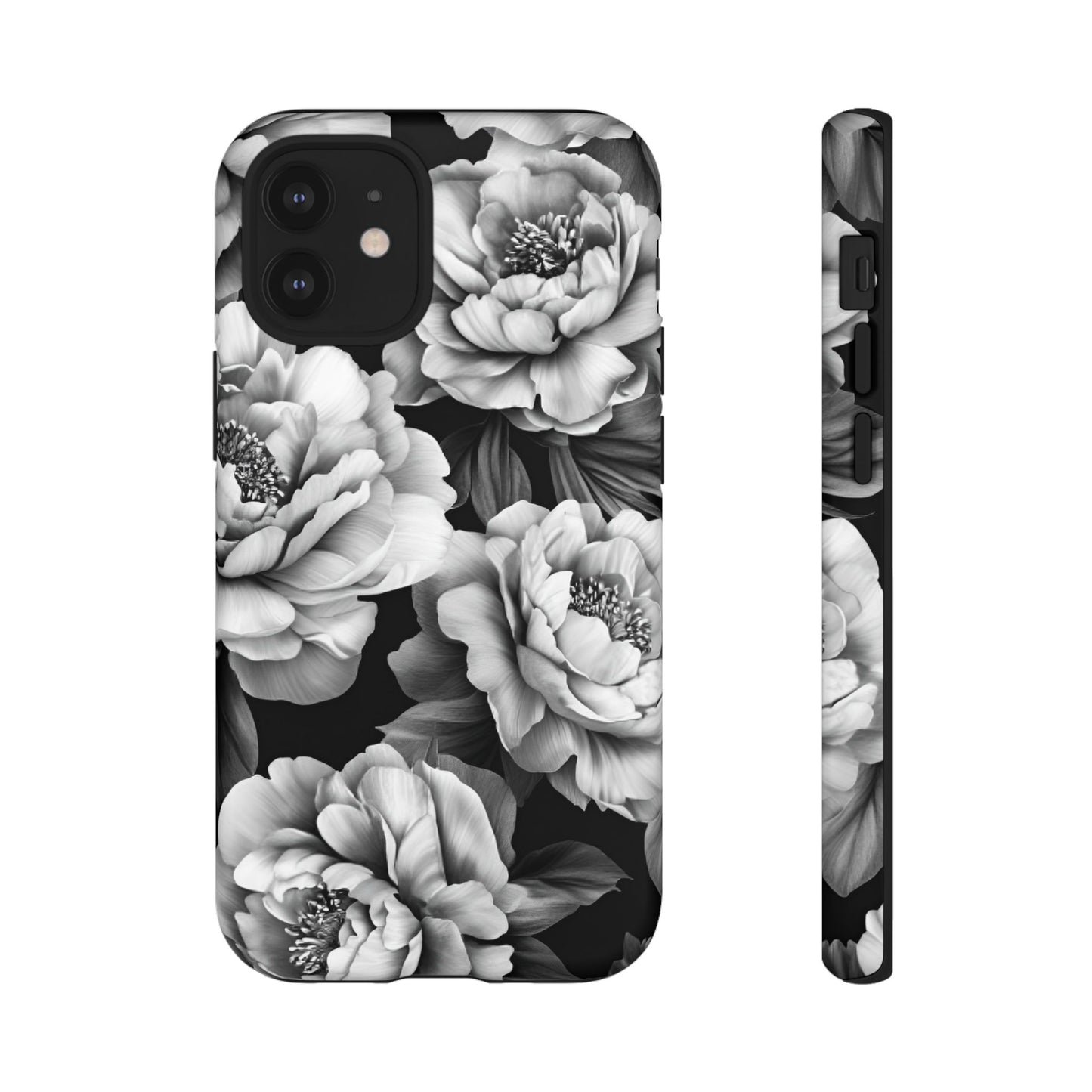 Black and White Peony Flower Phone Case - Aesthetic Dark Floral Phone Cases - iPhone 16 15 14 13 12 11, Samsung Galaxy & Google Pixel Phone Covers