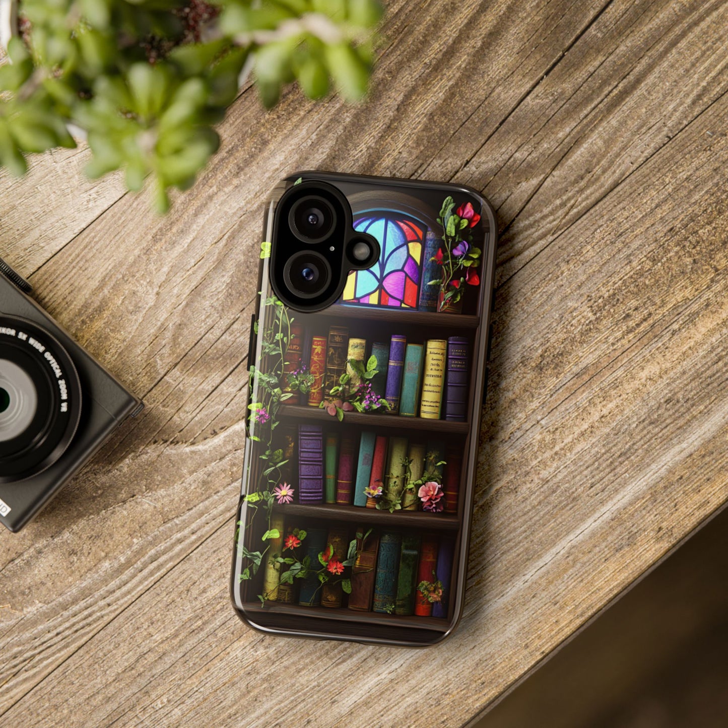 Bookshelf and Stained Glass Window Phone Case - Book Lover Phone Cases for iPhone 16 15 14 13 12 11, Samsung Galaxy & Google Pixel