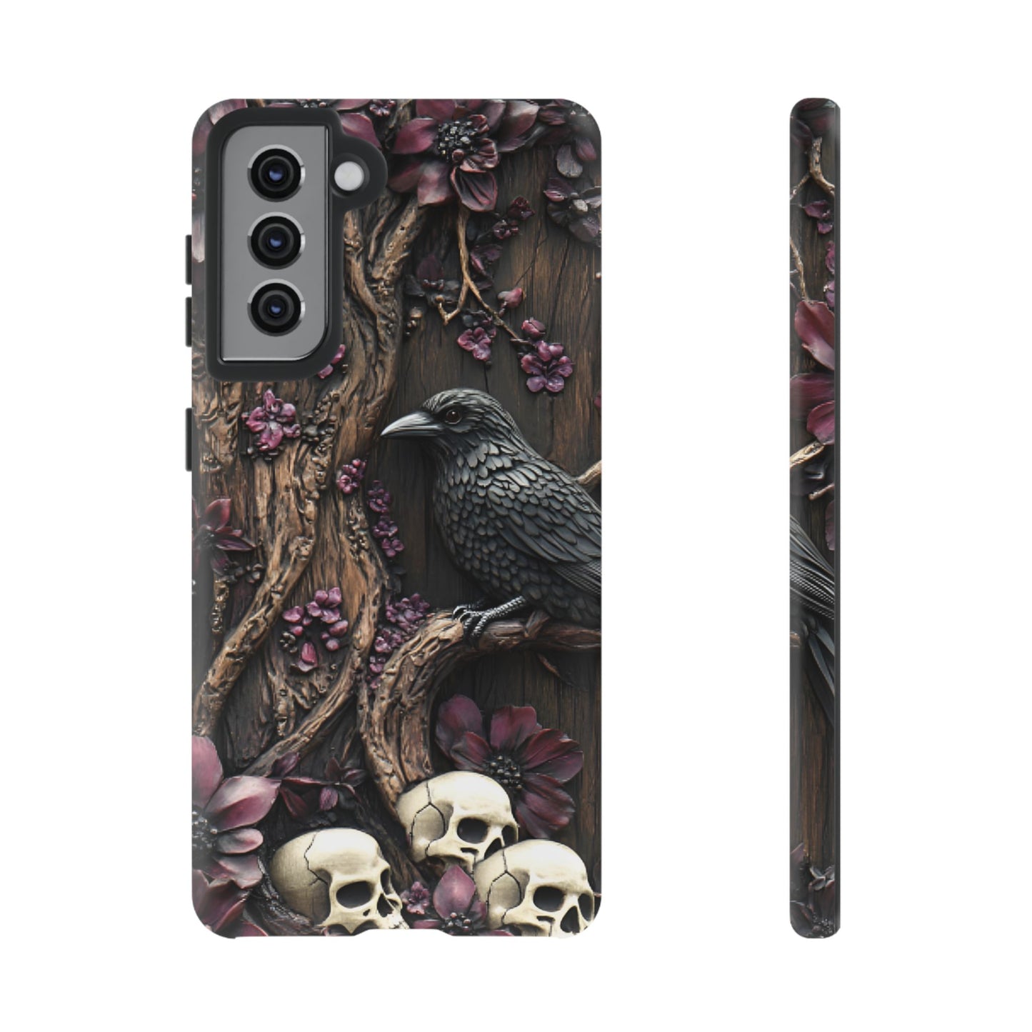 Raven and Skulls Phone Case - Gothic Faux Wood Phone Cases - iPhone 16 15 14 13 12 11, Samsung Galaxy & Google Pixel Phone Covers