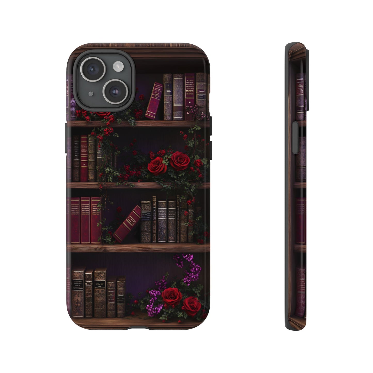 Book Lovers Phone Case - Roses and Books in Moody Vintage Bookshelf - iPhone 16 15 14 13 12 11, Samsung Galaxy & Google Pixel Phone Covers