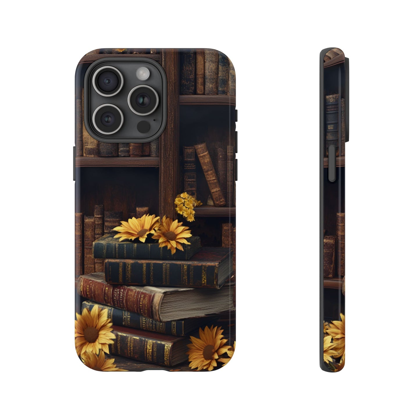 Vintage Books and Sunflowers Phone Case - Dark Academia Library Phone Cases for iPhone 16 15 14 13 12 11, Samsung Galaxy & Google Pixel