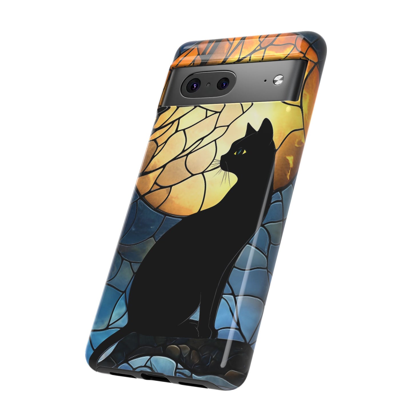 Black Cat and Moon Stained Glass Phone Case - Celestial Cat Lover Phone Cases for iPhone 16 15 14 13 12 11, Samsung Galaxy & Google Pixel