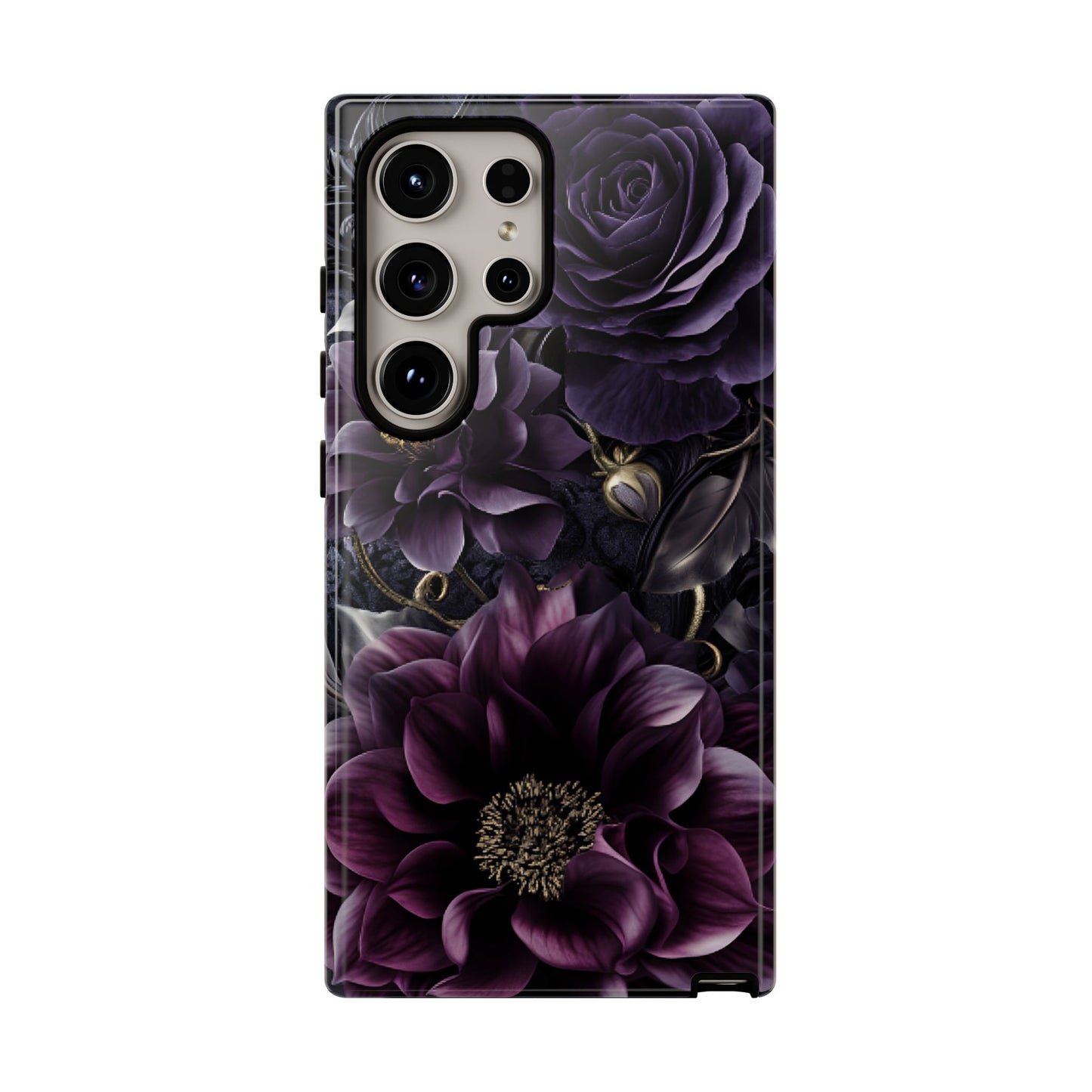 Gothic Dark Floral Phone Case - Aesthetic Purple and Gold Flowers - iPhone 16 15 14 13 12 11, Samsung Galaxy & Google Pixel Phone Covers