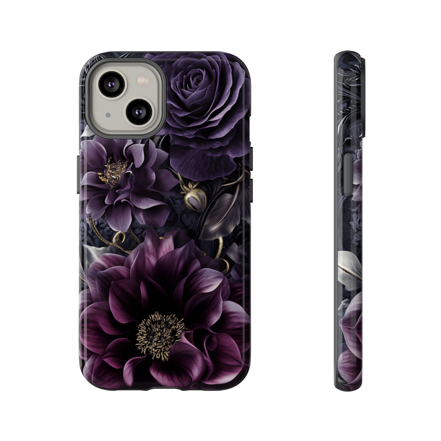 Gothic Dark Floral Phone Case - Aesthetic Purple and Gold Flowers for iPhone 16 15 14 13 12 11, Samsung Galaxy & Google Pixel