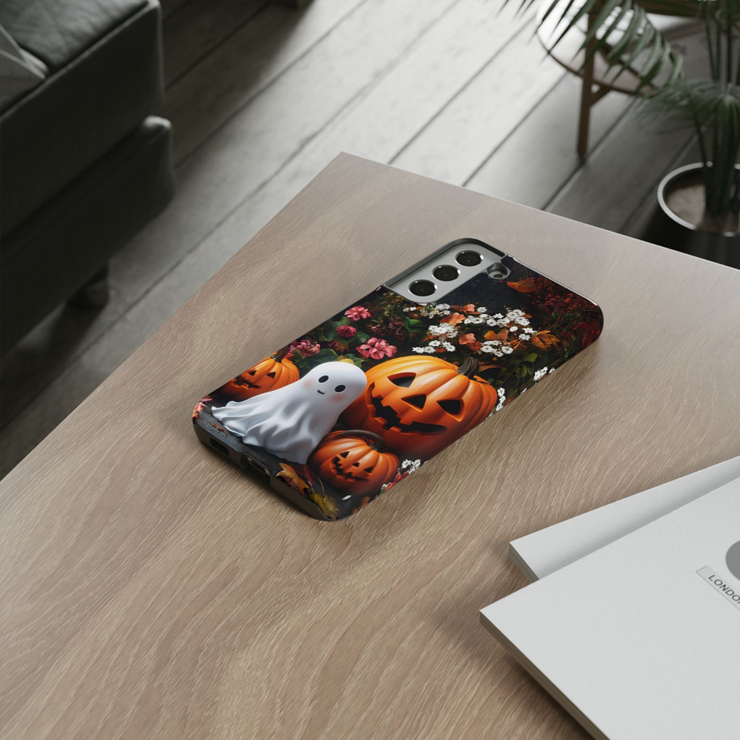 Halloween Phone Case with Cute Ghost and Pumpkins for iPhone 16 15 14 13 12 11, Samsung Galaxy & Google Pixel