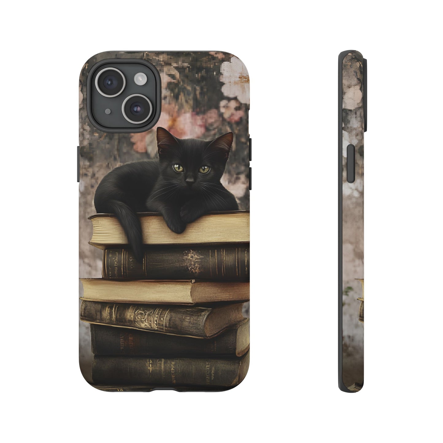 Black Cat and Books Phone Case - Vintage Dark Academia Library Phone Cases - iPhone 16 15 14 13 12 11, Samsung Galaxy & Google Pixel Phone Covers