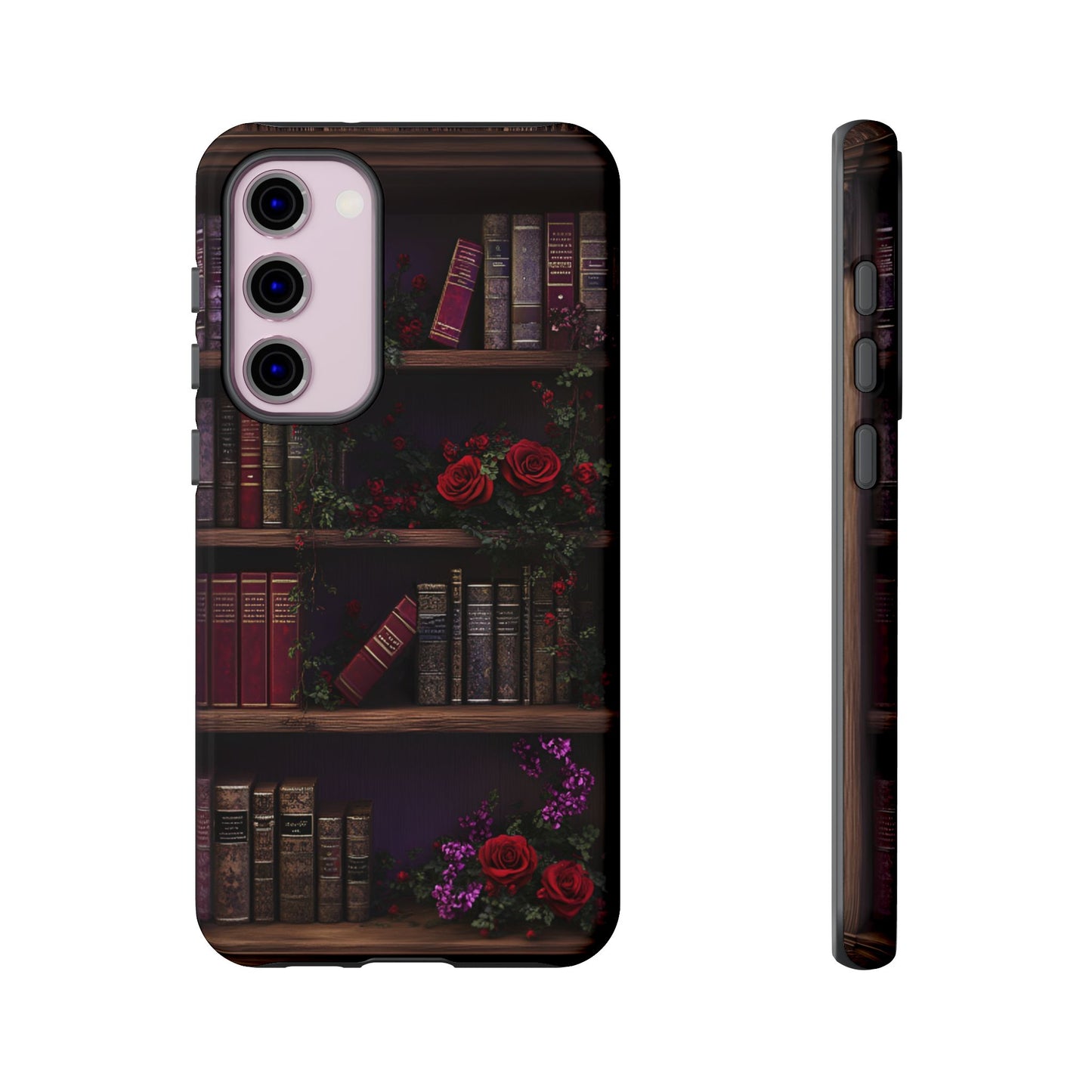 Book Lovers Phone Case - Roses and Books in Moody Vintage Bookshelf - iPhone 16 15 14 13 12 11, Samsung Galaxy & Google Pixel Phone Covers