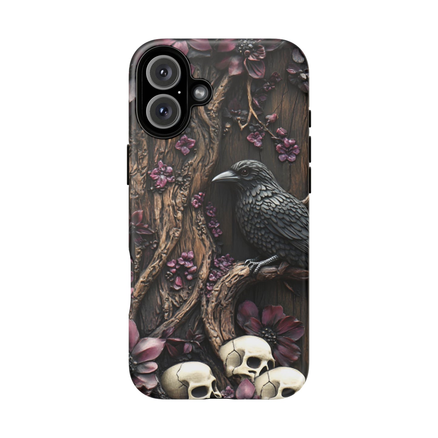 Raven and Skulls Phone Case - Gothic Faux Wood Phone Cases - iPhone 16 15 14 13 12 11, Samsung Galaxy & Google Pixel Phone Covers