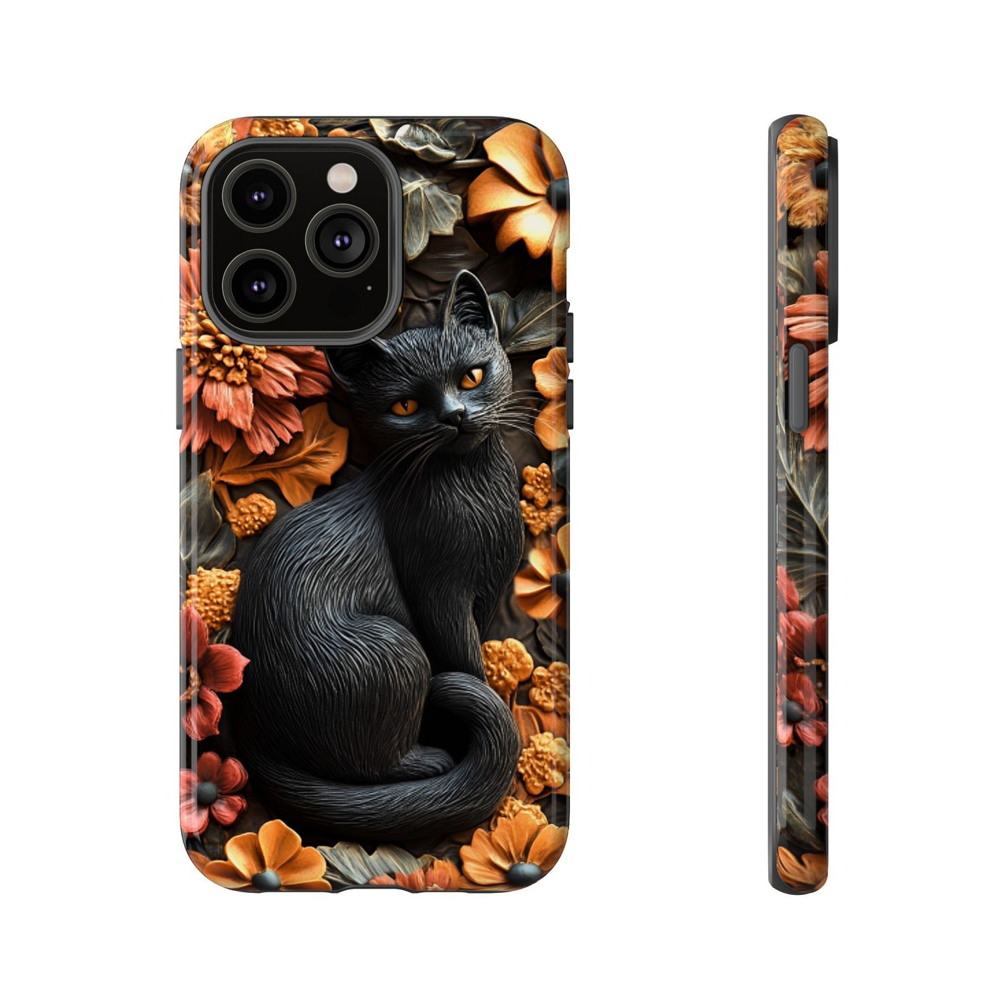 Black Cat Floral Fall Phone Case - Carved Clay Effect Cat Lover Phone Cases - iPhone 16 15 14 13 12 11, Samsung Galaxy & Google Pixel Phone Covers