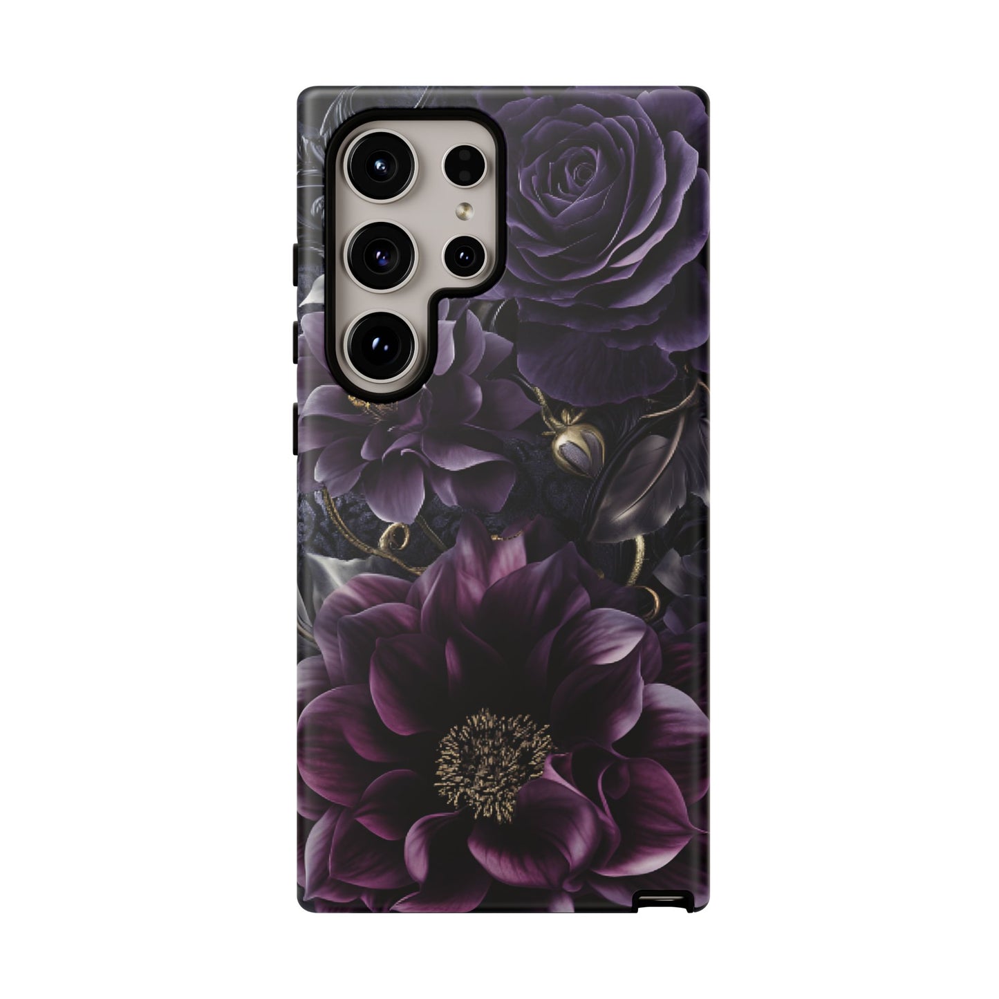 Gothic Dark Floral Phone Case - Aesthetic Purple and Gold Flowers - iPhone 16 15 14 13 12 11, Samsung Galaxy & Google Pixel Phone Covers