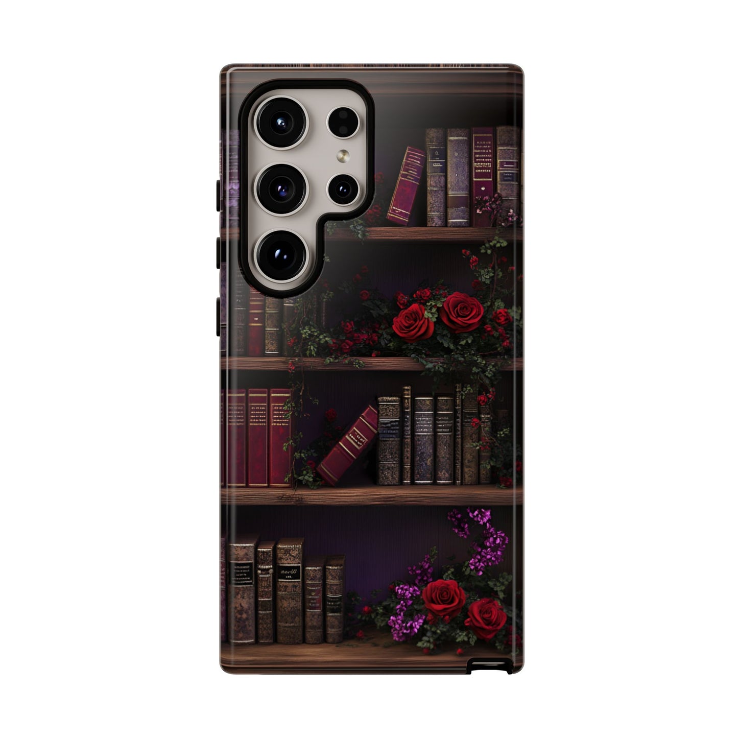 Book Lovers Phone Case - Roses and Books in Moody Vintage Bookshelf - iPhone 16 15 14 13 12 11, Samsung Galaxy & Google Pixel Phone Covers