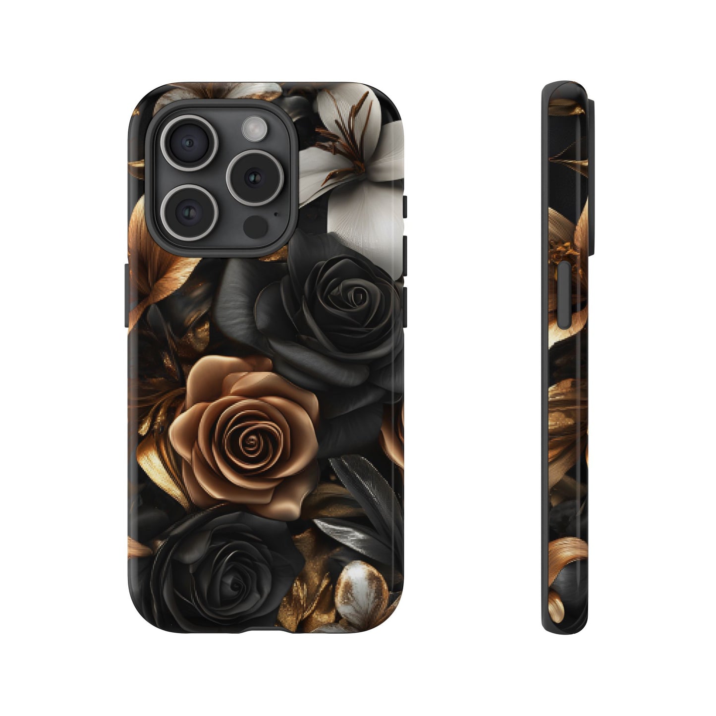 Floral Phone Case - Black and Gold Roses for iPhone 16 15 14 13 12 11, Samsung Galaxy & Google Pixel