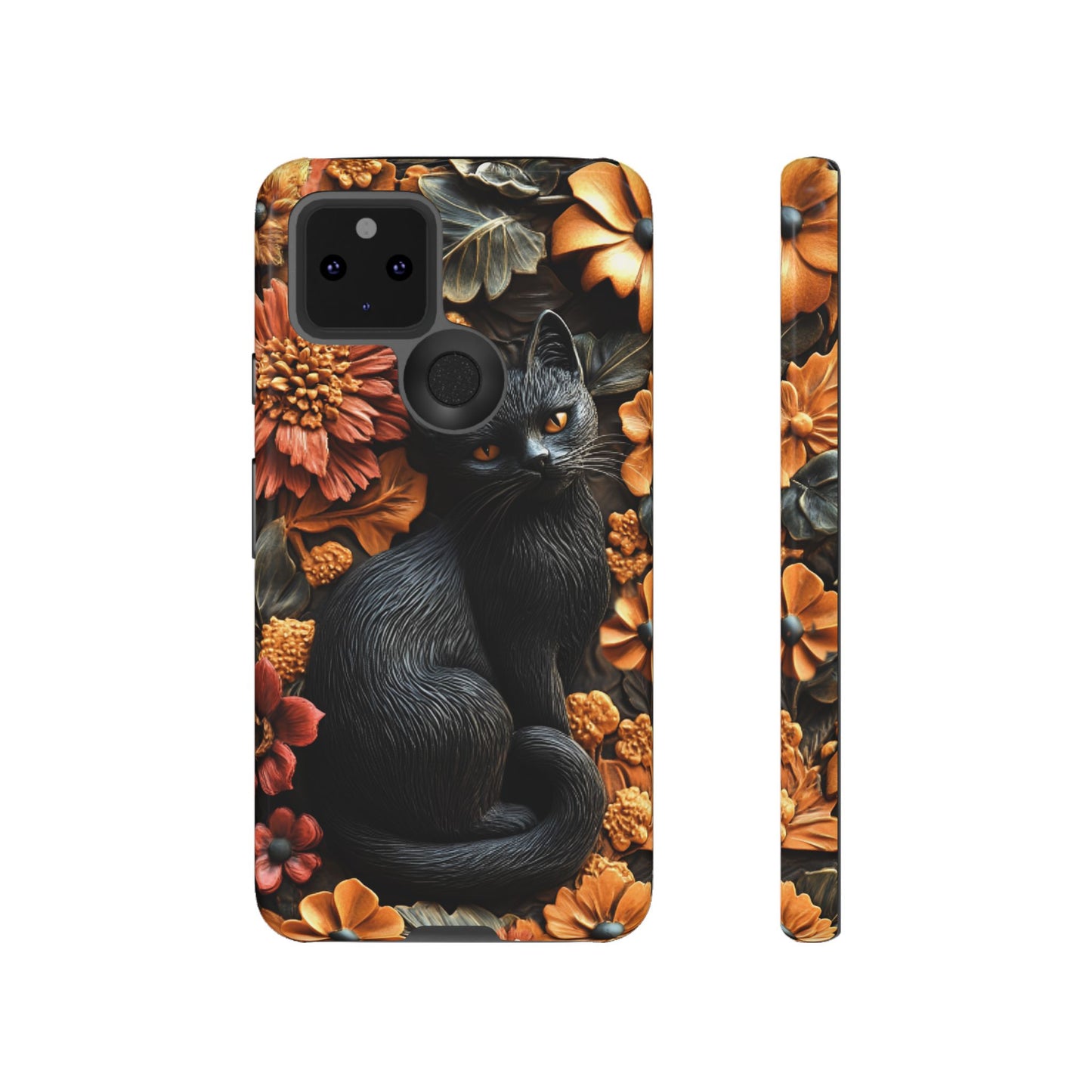 Black Cat Floral Fall Phone Case - Carved Clay Effect Cat Lover Phone Cases for iPhone 16 15 14 13 12 11, Samsung Galaxy & Google Pixel