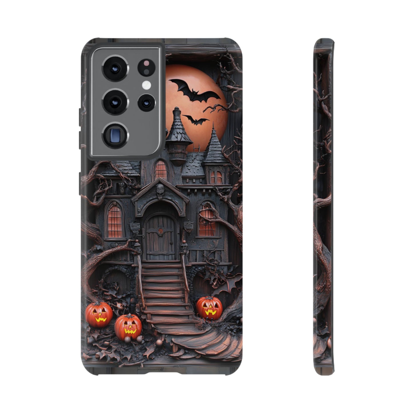 Carved Wood Haunted House Phone Case - Faux Wood Spooky Halloween Phone Cases for iPhone 16 15 14 13 12 11, Samsung Galaxy & Google Pixel