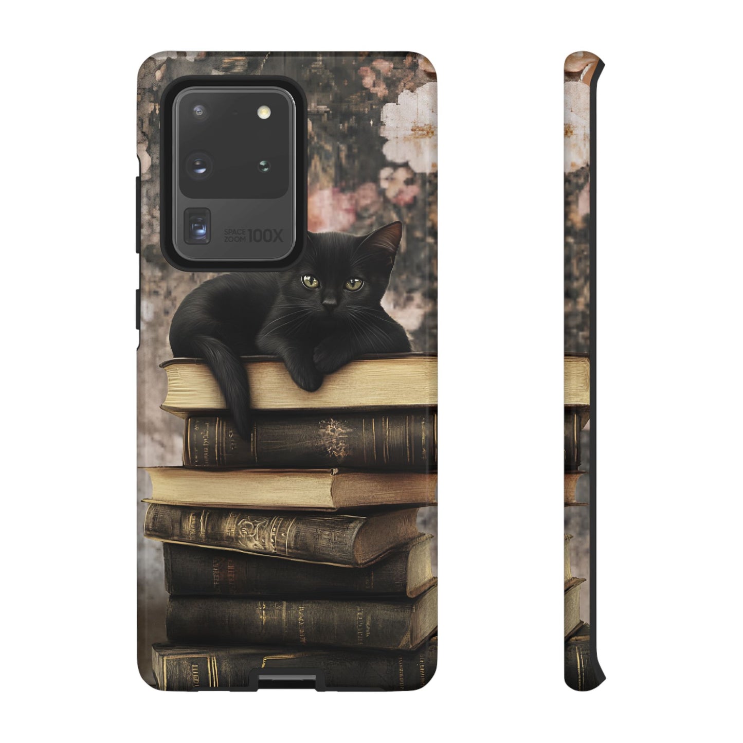 Black Cat and Books Phone Case - Vintage Dark Academia Library Phone Cases - iPhone 16 15 14 13 12 11, Samsung Galaxy & Google Pixel Phone Covers