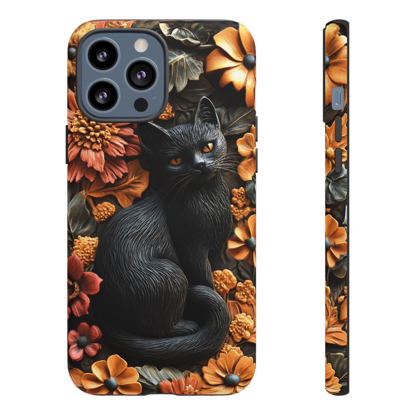 Black Cat Floral Fall Phone Case - Carved Clay Effect Cat Lover Phone Cases - iPhone 16 15 14 13 12 11, Samsung Galaxy & Google Pixel Phone Covers