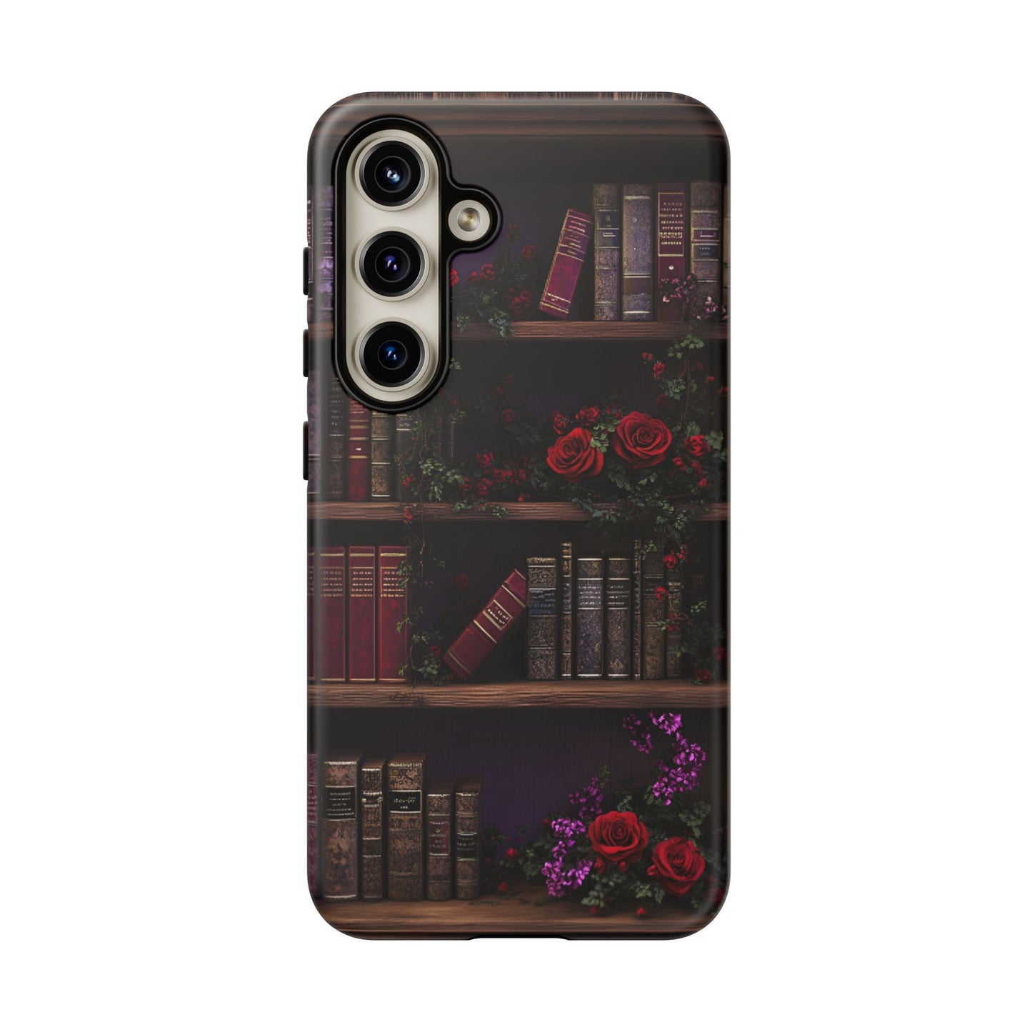 Book Lovers Phone Case - Roses and Books in Moody Vintage Bookshelf for iPhone 16 15 14 13 12 11, Samsung Galaxy & Google Pixel