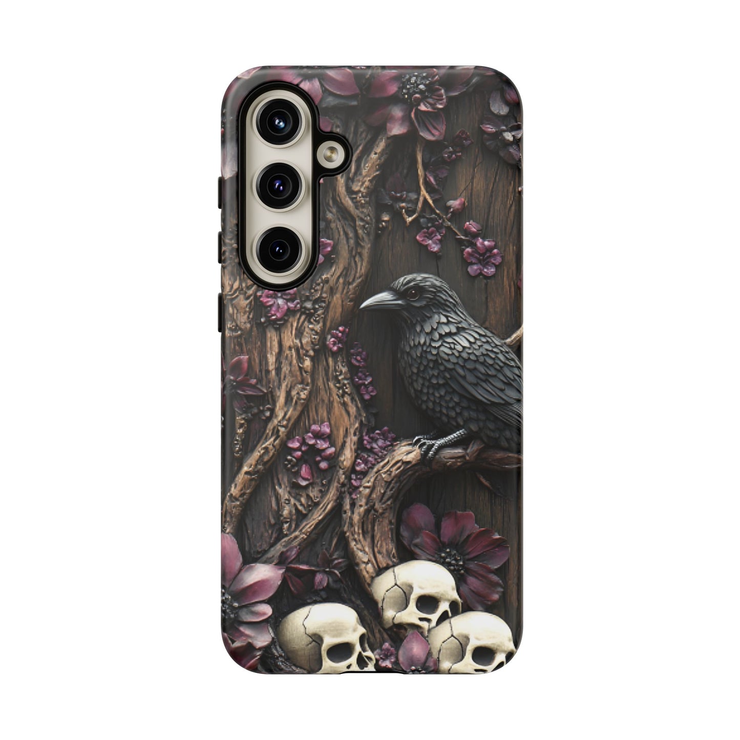 Raven and Skulls Phone Case - Gothic Faux Wood Phone Cases - iPhone 16 15 14 13 12 11, Samsung Galaxy & Google Pixel Phone Covers