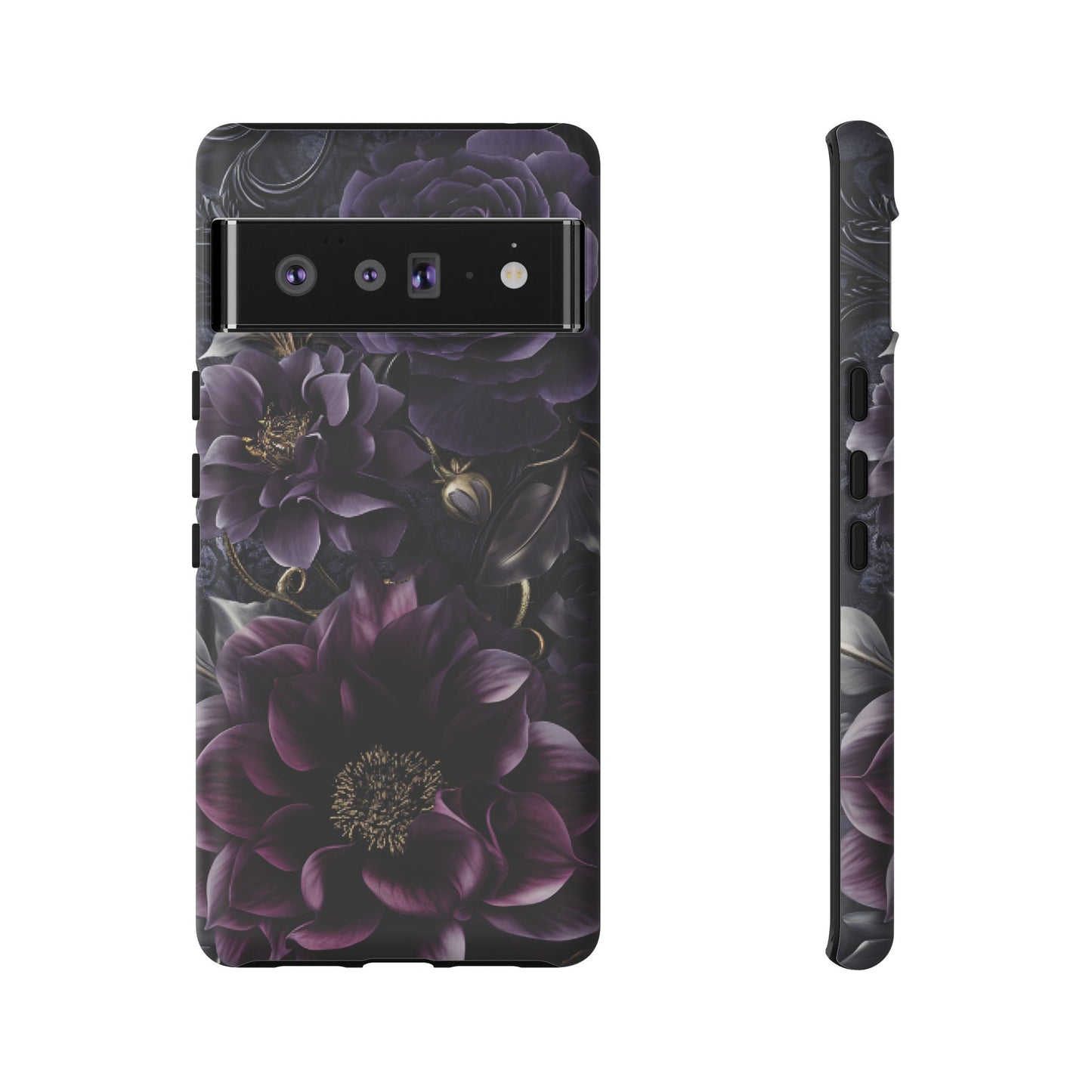 Gothic Dark Floral Phone Case - Aesthetic Purple and Gold Flowers - iPhone 16 15 14 13 12 11, Samsung Galaxy & Google Pixel Phone Covers