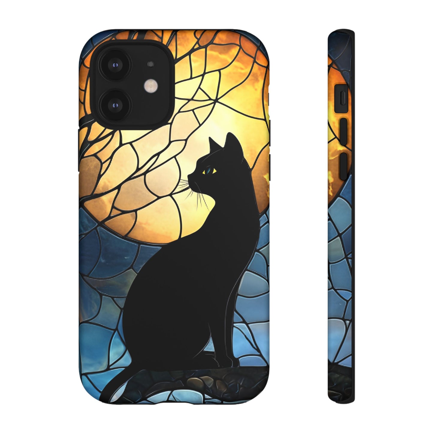 Black Cat and Moon Stained Glass Phone Case - Celestial Cat Lover Phone Cases - iPhone 16 15 14 13 12 11, Samsung Galaxy & Google Pixel Phone Covers