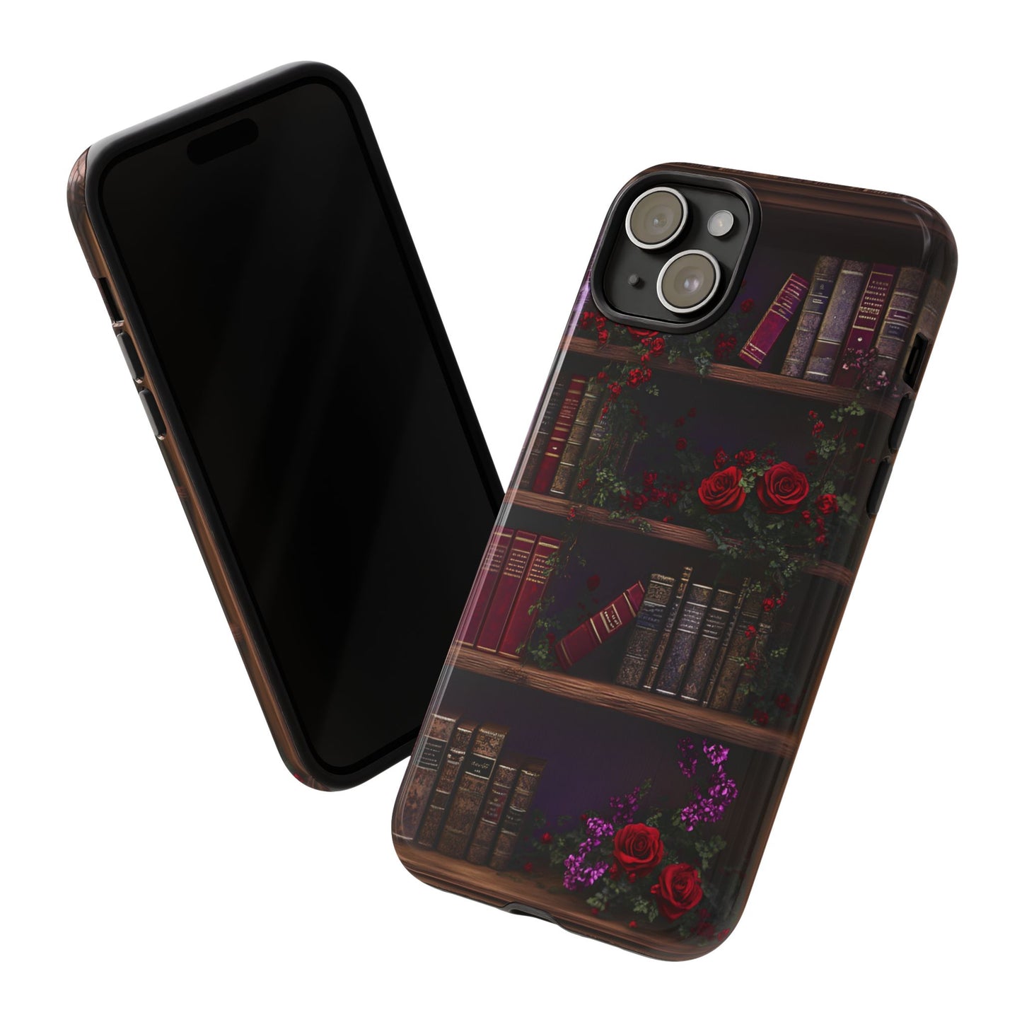 Book Lovers Phone Case - Roses and Books in Moody Vintage Bookshelf - iPhone 16 15 14 13 12 11, Samsung Galaxy & Google Pixel Phone Covers