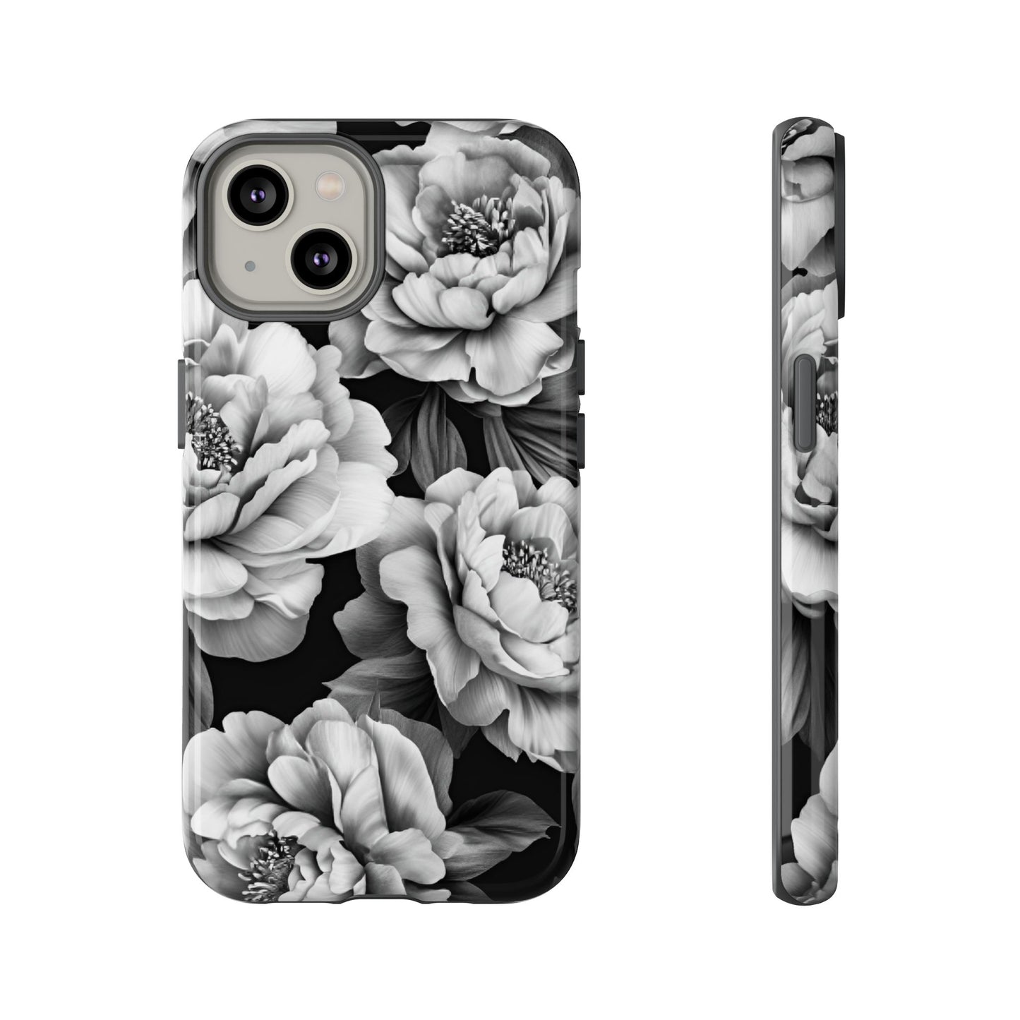 Black and White Peony Flower Phone Case - Aesthetic Dark Floral Phone Cases for iPhone 16 15 14 13 12 11, Samsung Galaxy & Google Pixel