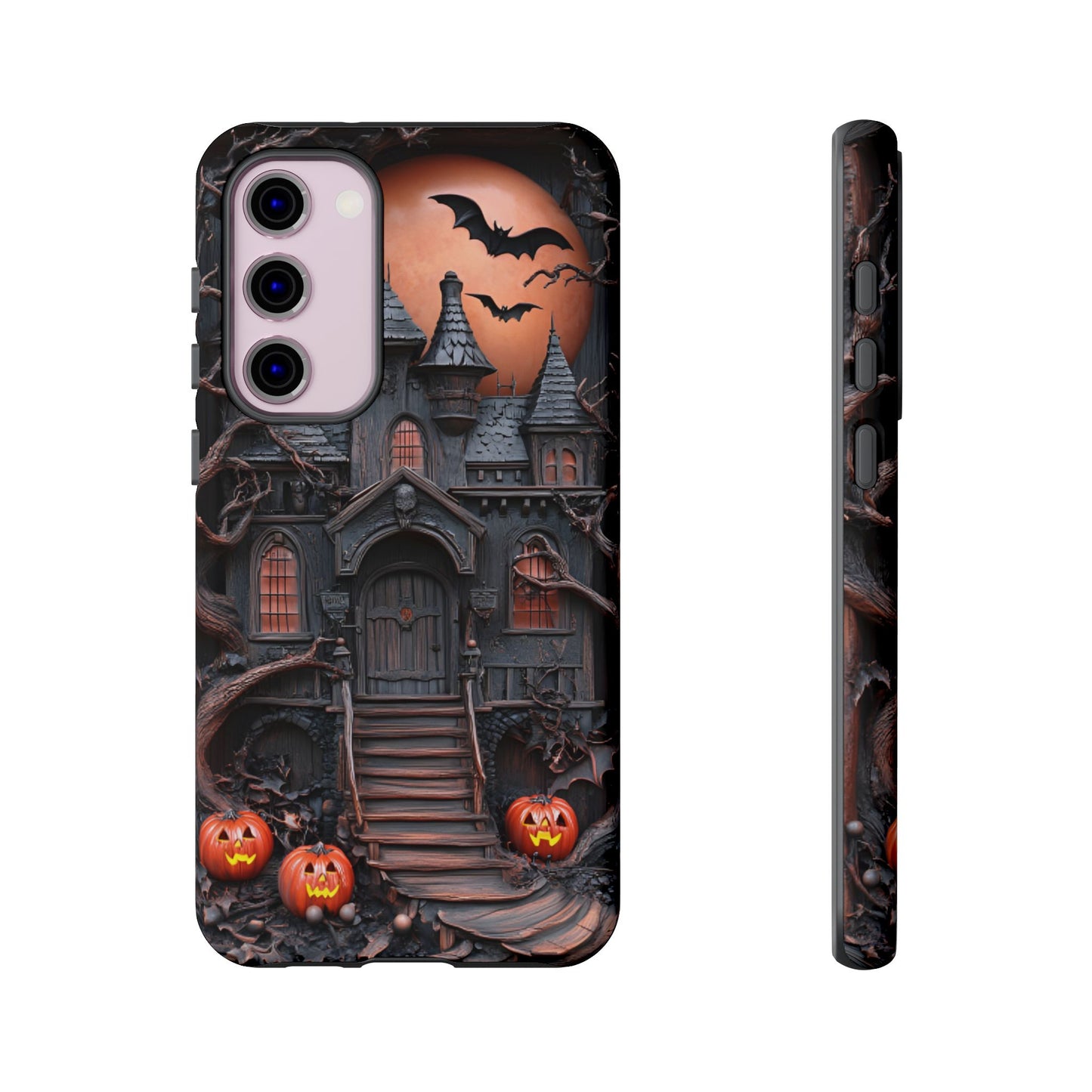 Carved Wood Haunted House Phone Case - Faux Wood Spooky Halloween Phone Cases for iPhone 16 15 14 13 12 11, Samsung Galaxy & Google Pixel