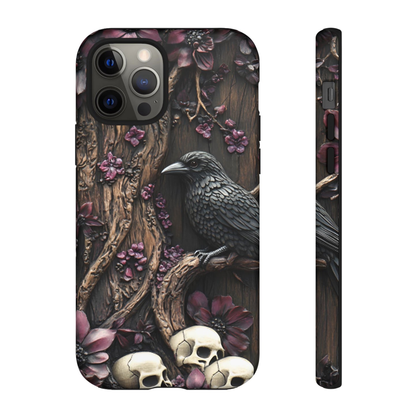 Raven and Skulls Phone Case - Gothic Faux Wood Phone Cases - iPhone 16 15 14 13 12 11, Samsung Galaxy & Google Pixel Phone Covers